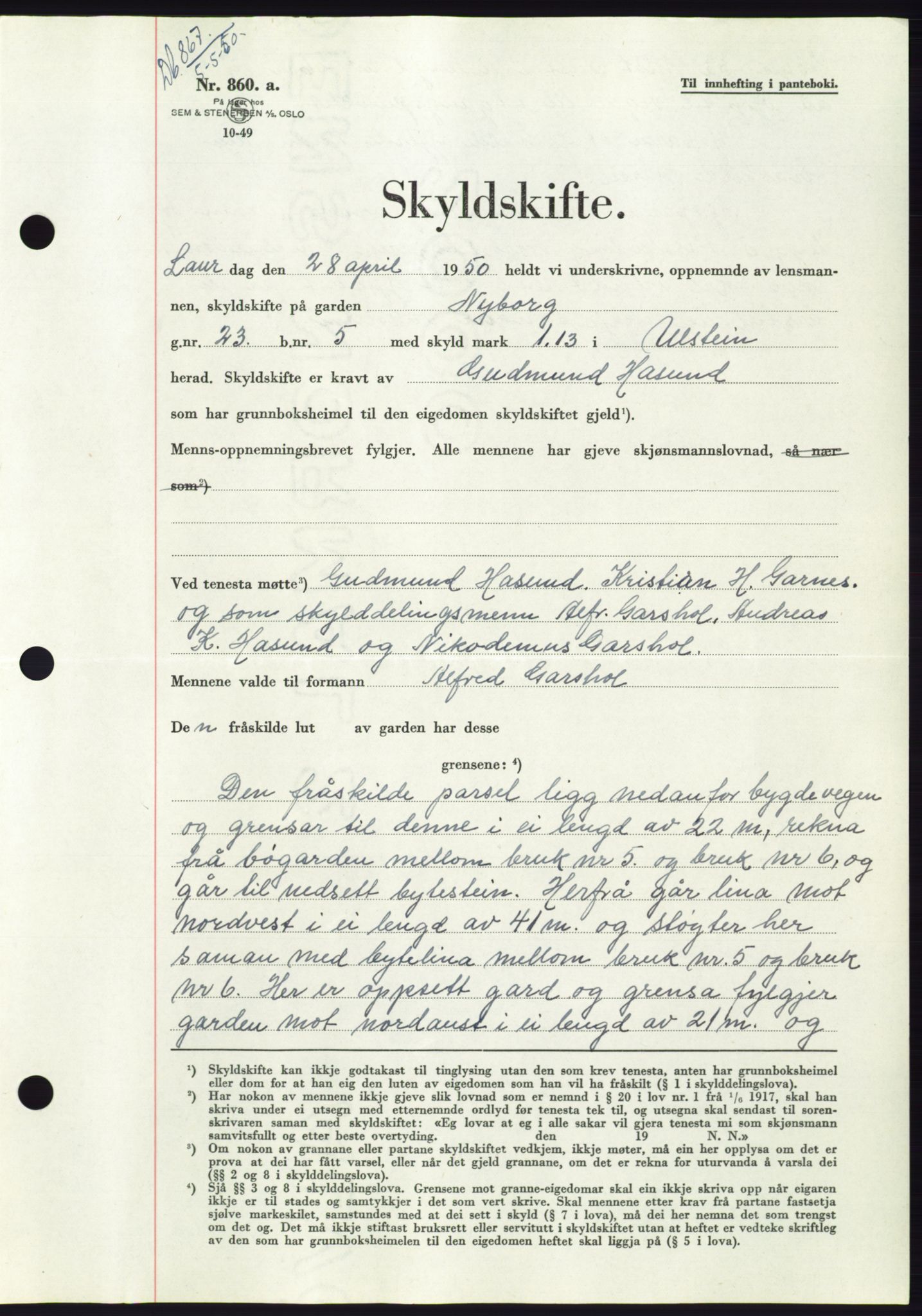 Søre Sunnmøre sorenskriveri, AV/SAT-A-4122/1/2/2C/L0086: Pantebok nr. 12A, 1949-1950, Dagboknr: 867/1950