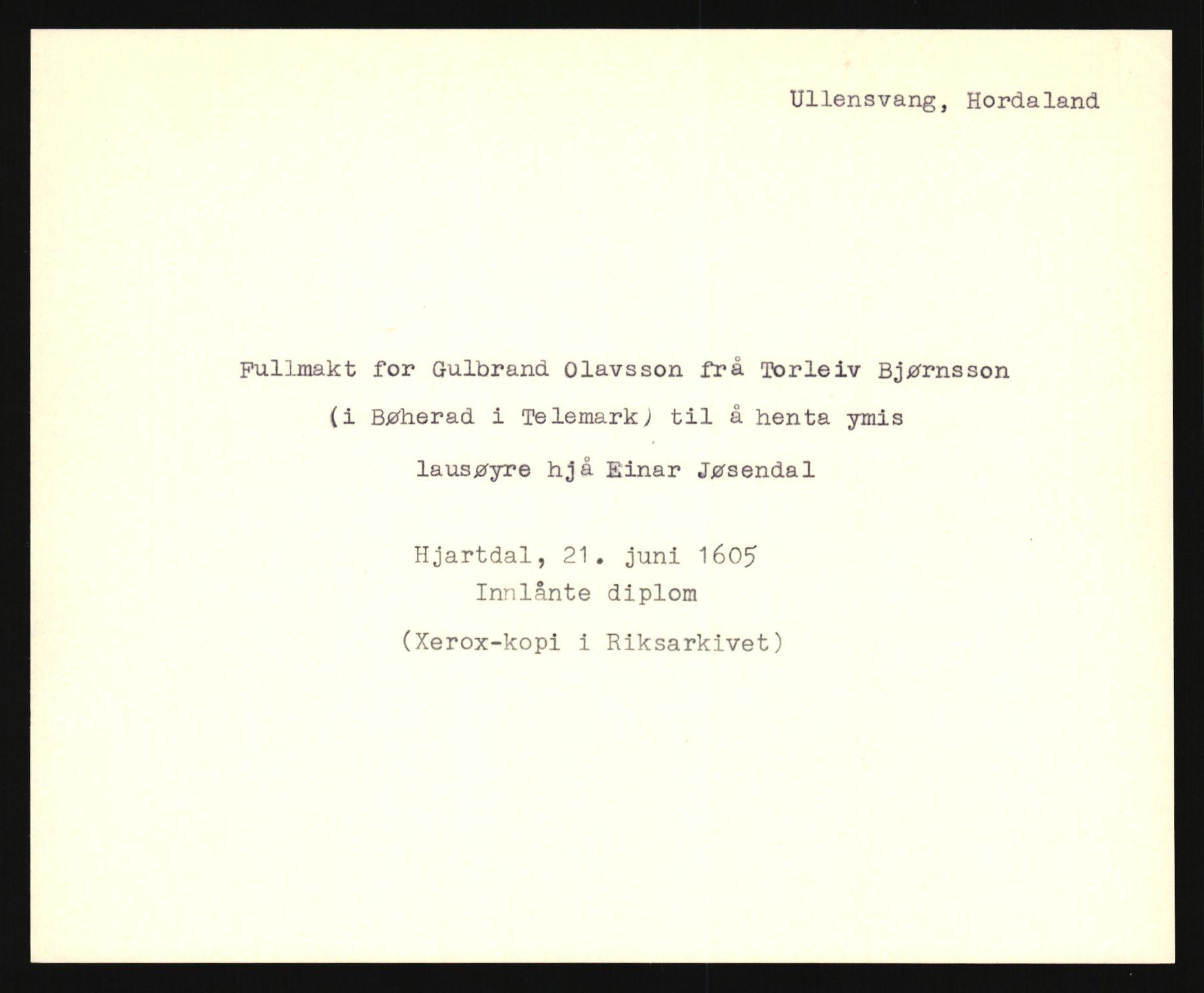 Riksarkivets diplomsamling, AV/RA-EA-5965/F35/F35e/L0029: Registreringssedler Hordaland 2, 1400-1700, s. 25