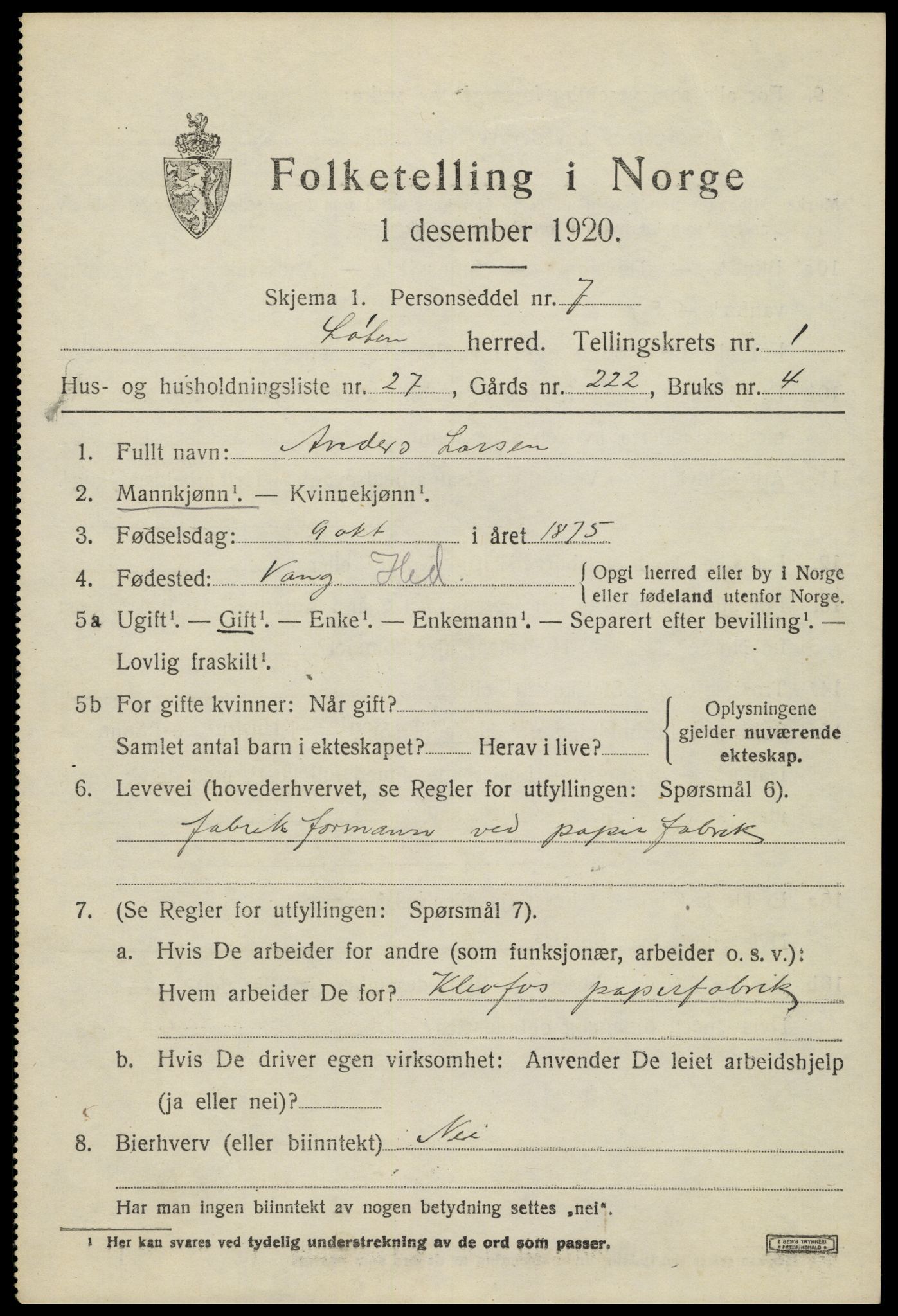 SAH, Folketelling 1920 for 0415 Løten herred, 1920, s. 2637