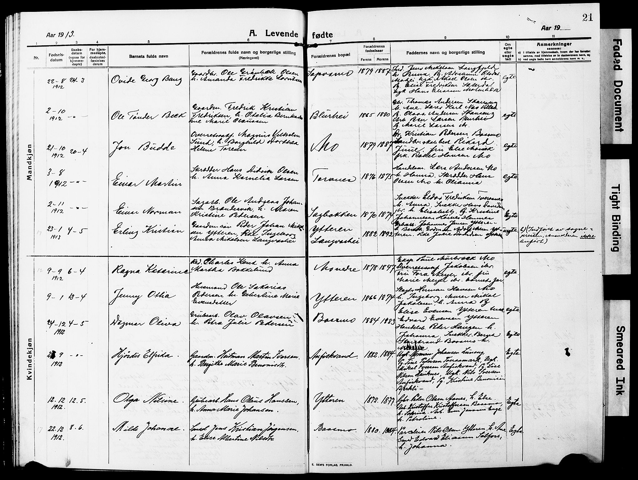 Ministerialprotokoller, klokkerbøker og fødselsregistre - Nordland, AV/SAT-A-1459/827/L0423: Klokkerbok nr. 827C12, 1912-1930, s. 21