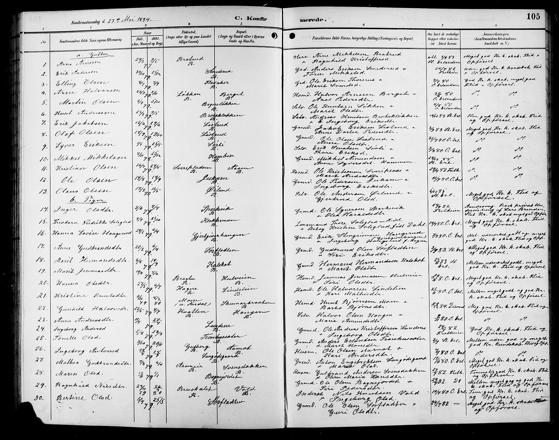 Sør-Aurdal prestekontor, SAH/PREST-128/H/Ha/Hab/L0009: Klokkerbok nr. 9, 1894-1924, s. 105