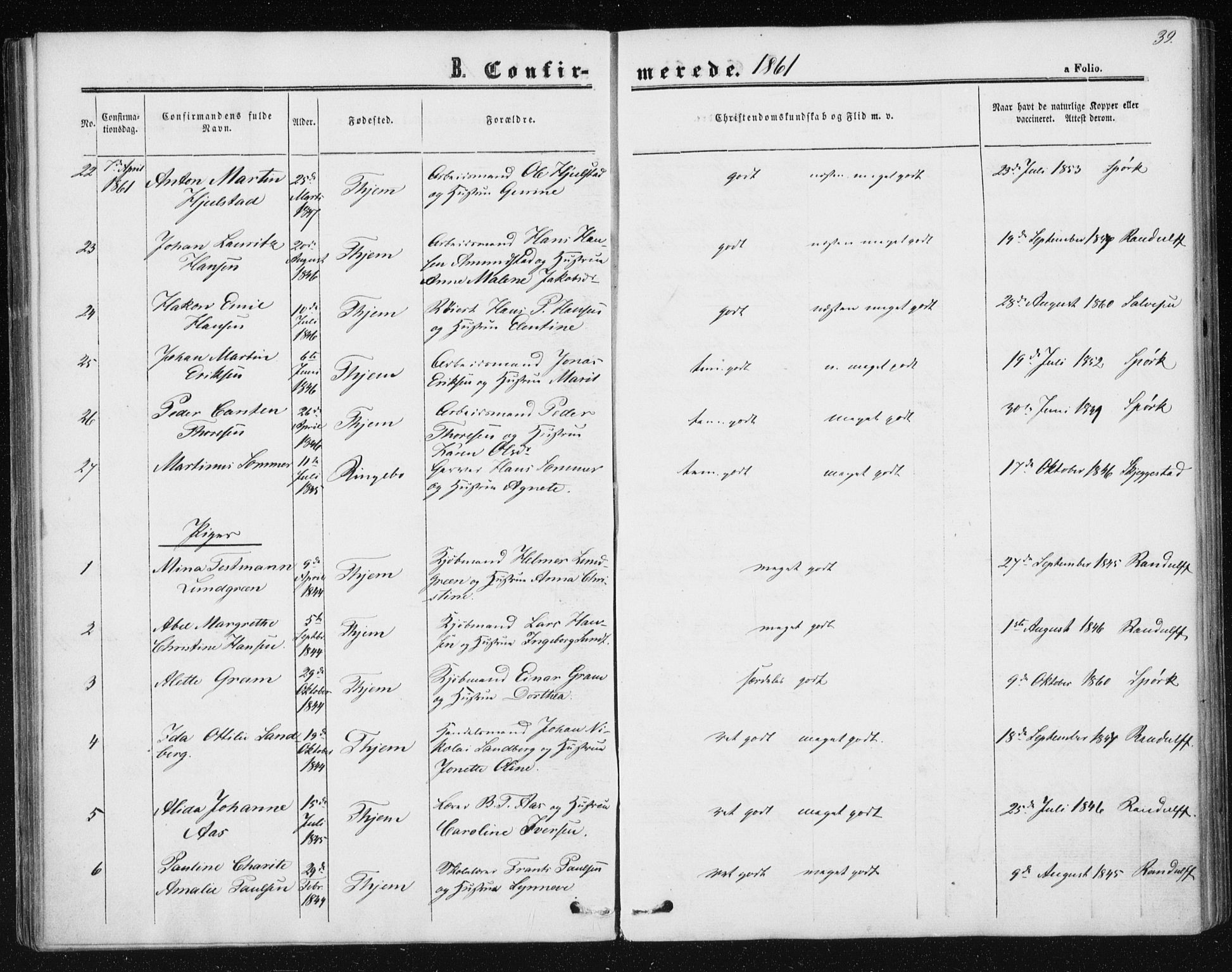 Ministerialprotokoller, klokkerbøker og fødselsregistre - Sør-Trøndelag, SAT/A-1456/602/L0114: Ministerialbok nr. 602A12, 1856-1872, s. 39