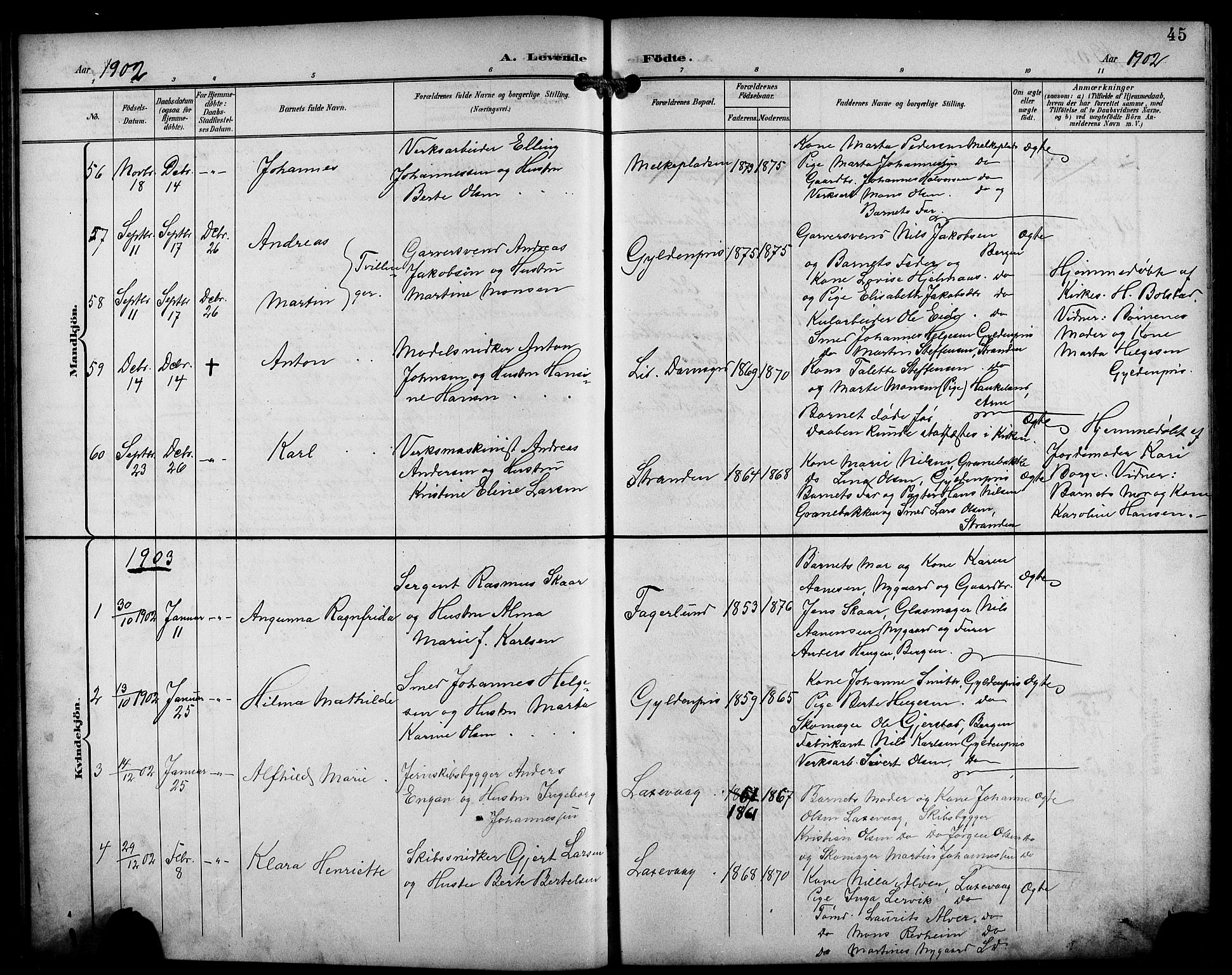 Laksevåg Sokneprestembete, AV/SAB-A-76501/H/Ha/Hab/Haba/L0004: Klokkerbok nr. A 4, 1899-1909, s. 45