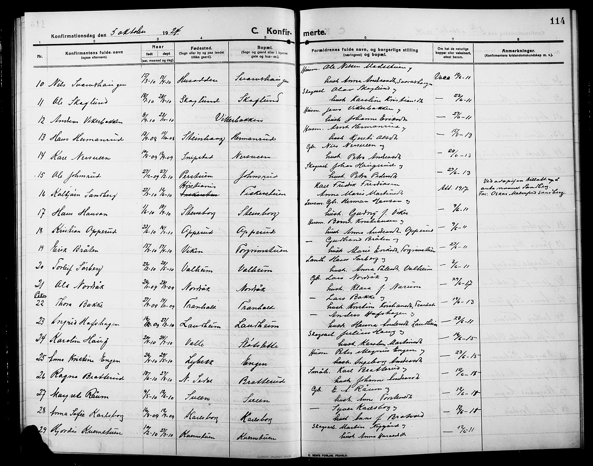 Søndre Land prestekontor, AV/SAH-PREST-122/L/L0006: Klokkerbok nr. 6, 1912-1925, s. 114