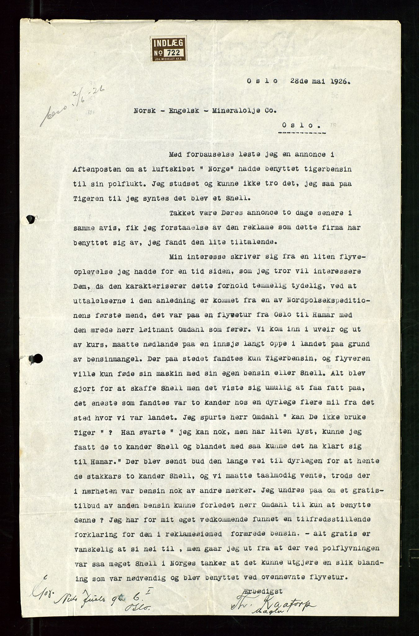 Pa 1521 - A/S Norske Shell, AV/SAST-A-101915/E/Ea/Eaa/L0024: Sjefskorrespondanse, 1926, s. 457