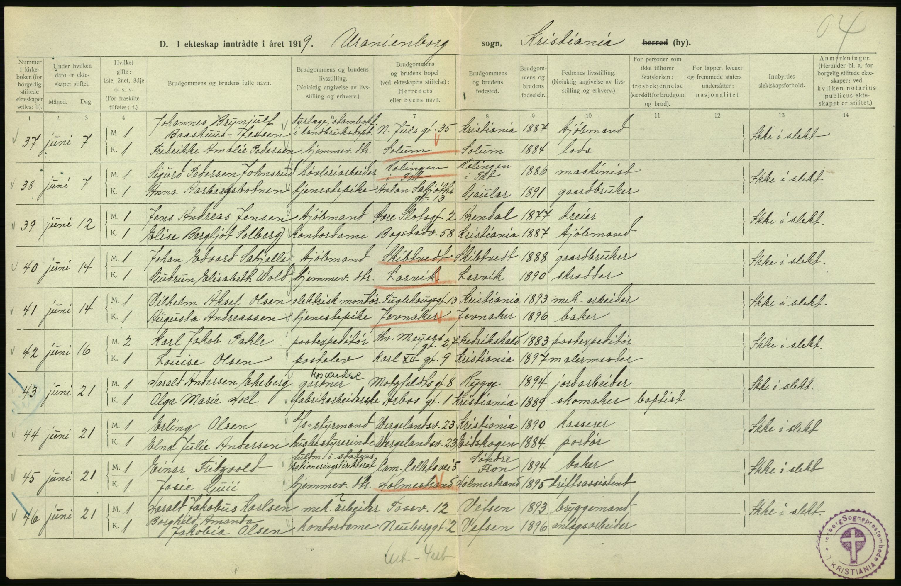 Statistisk sentralbyrå, Sosiodemografiske emner, Befolkning, RA/S-2228/D/Df/Dfb/Dfbi/L0009: Kristiania: Gifte, 1919, s. 216