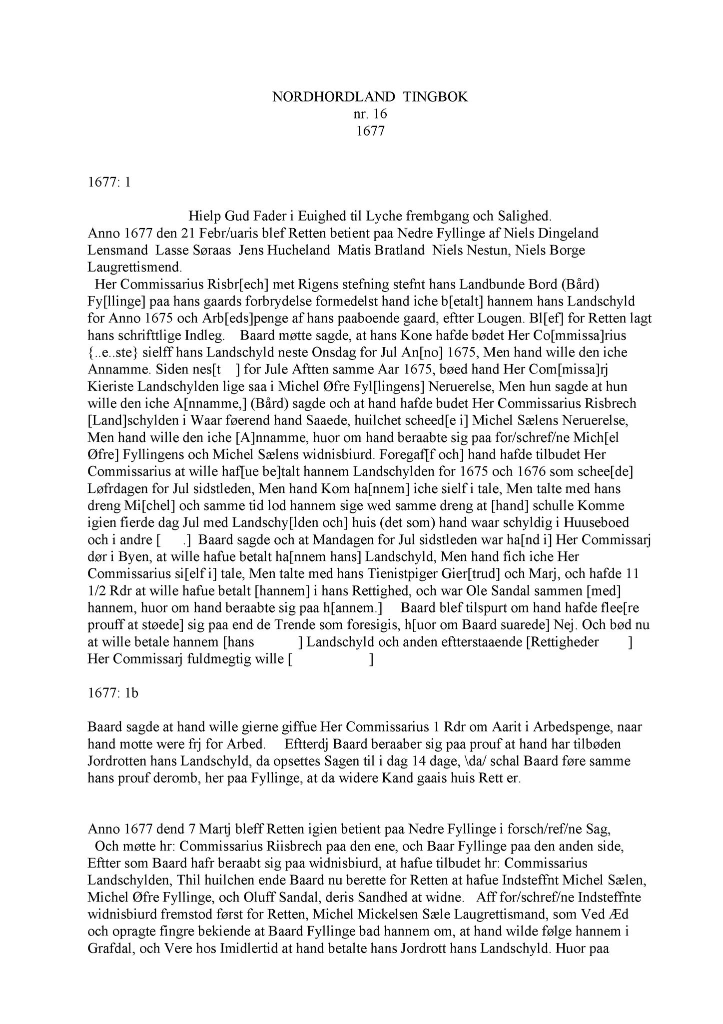 Samling av fulltekstavskrifter, SAB/FULLTEKST/A/12/0118: Nordhordland sorenskriveri, tingbok nr. A 16, 1677