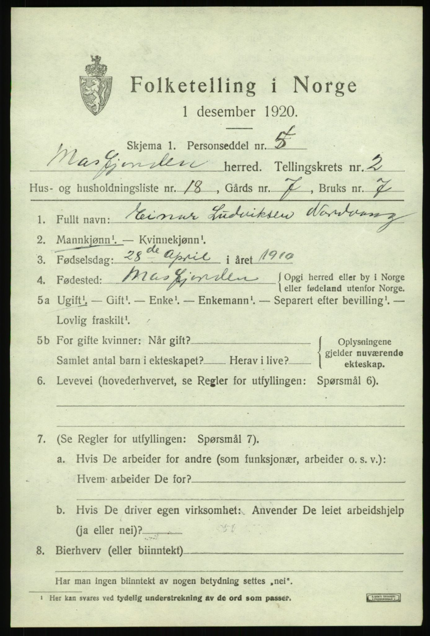 SAB, Folketelling 1920 for 1266 Masfjorden herred, 1920, s. 1251