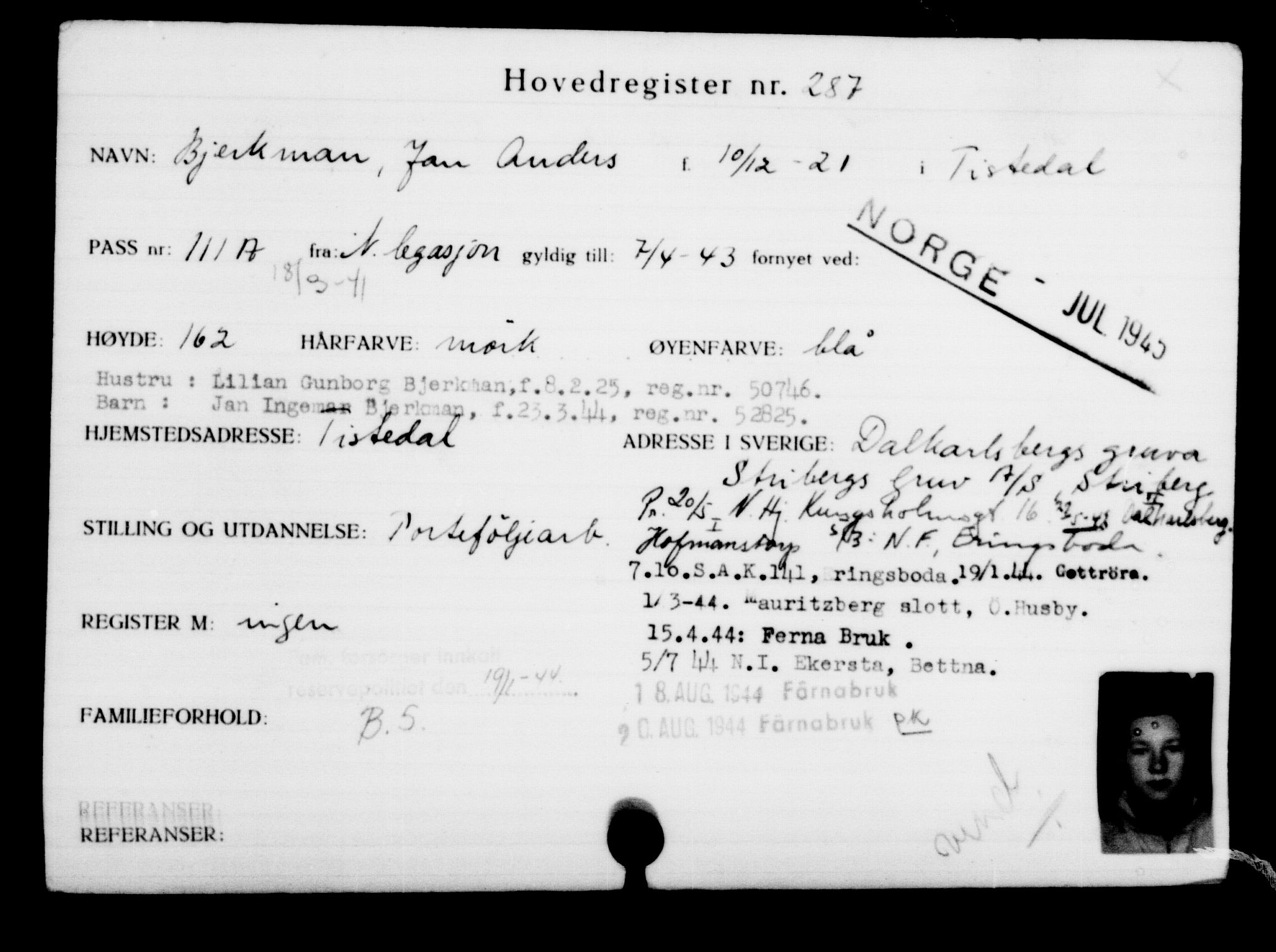 Utenriksstasjonene, Legasjonen i Stockholm, Flyktningkontoret, AV/RA-S-6753/V/Va/L0001: Kjesäterkartoteket, flyktninger med registreringsnr. 1-1000, 1940-1945, s. 461