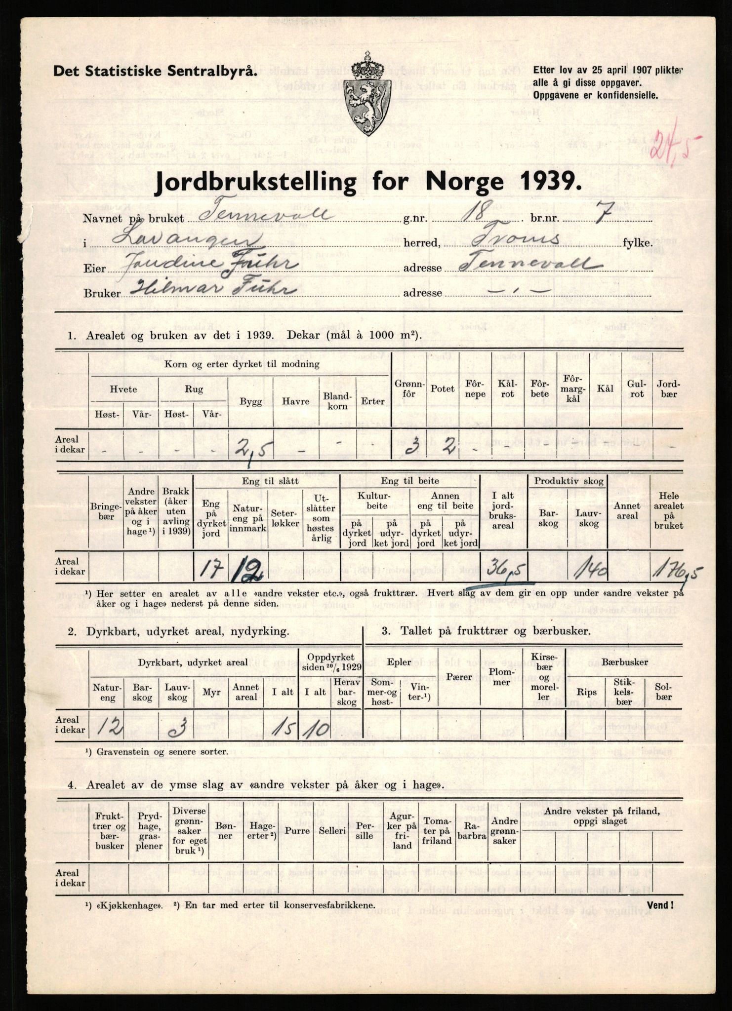 Statistisk sentralbyrå, Næringsøkonomiske emner, Jordbruk, skogbruk, jakt, fiske og fangst, AV/RA-S-2234/G/Gb/L0339: Troms: Andørja, Astafjord og Lavangen, 1939, s. 1283