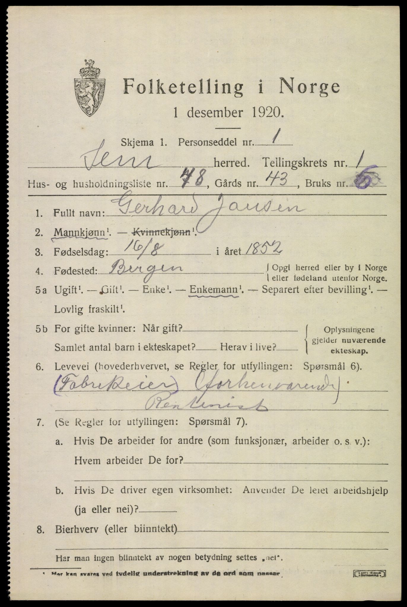 SAKO, Folketelling 1920 for 0721 Sem herred, 1920, s. 3615