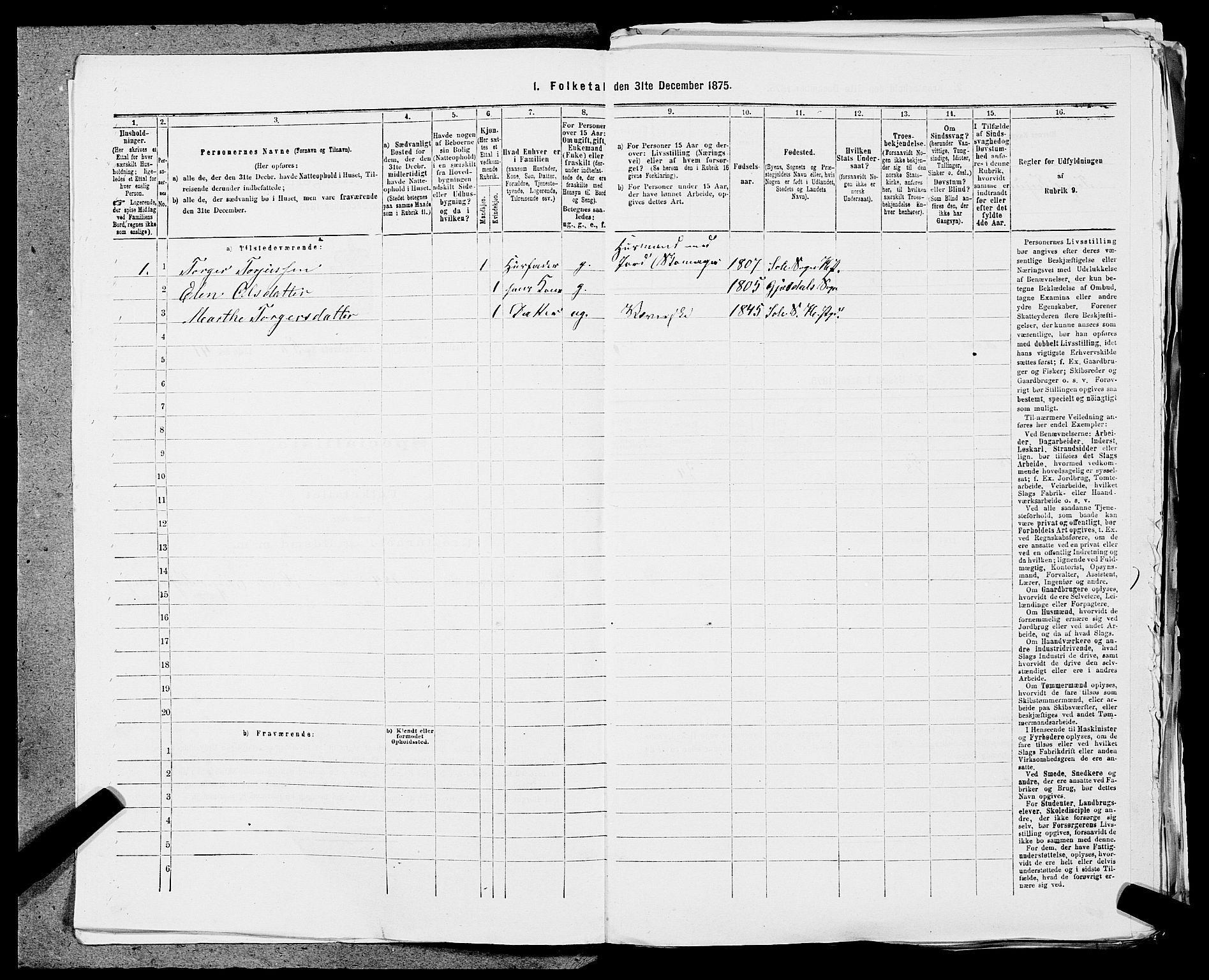 SAST, Folketelling 1875 for 1124P Håland prestegjeld, 1875, s. 729