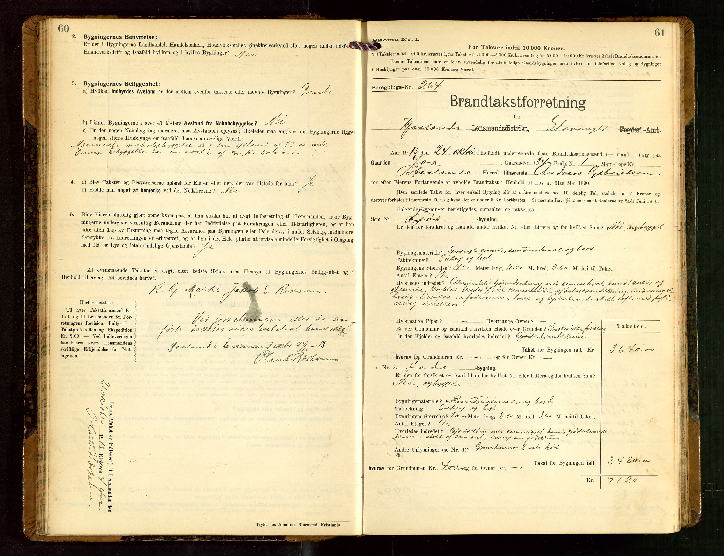 Håland lensmannskontor, AV/SAST-A-100100/Gob/L0004: Branntakstprotokoll - skjematakst. Register i boken., 1913-1915, s. 60-61