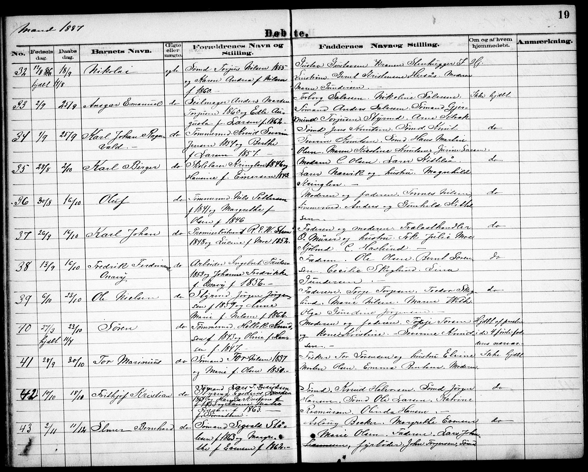 Risør sokneprestkontor, AV/SAK-1111-0035/F/Fb/L0007: Klokkerbok nr. B 7, 1885-1908, s. 19