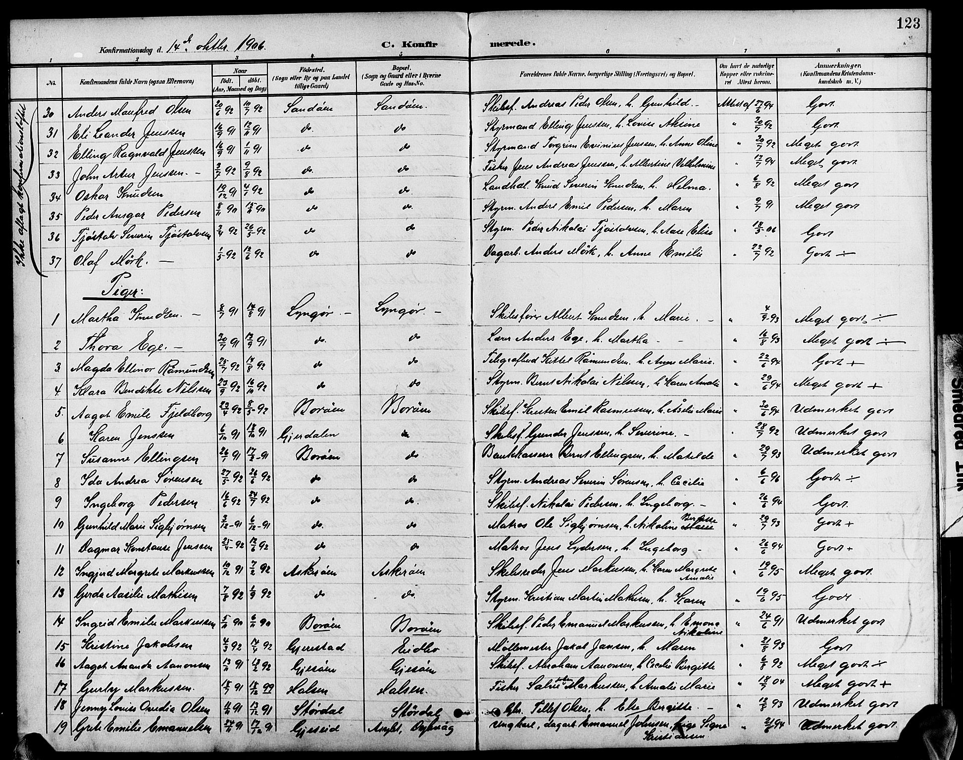 Dypvåg sokneprestkontor, AV/SAK-1111-0007/F/Fb/Fba/L0014: Klokkerbok nr. B 14, 1901-1922, s. 123