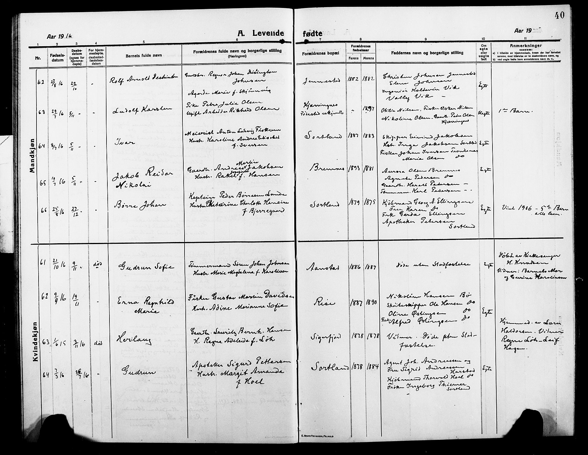 Ministerialprotokoller, klokkerbøker og fødselsregistre - Nordland, SAT/A-1459/895/L1383: Klokkerbok nr. 895C05, 1913-1922, s. 40