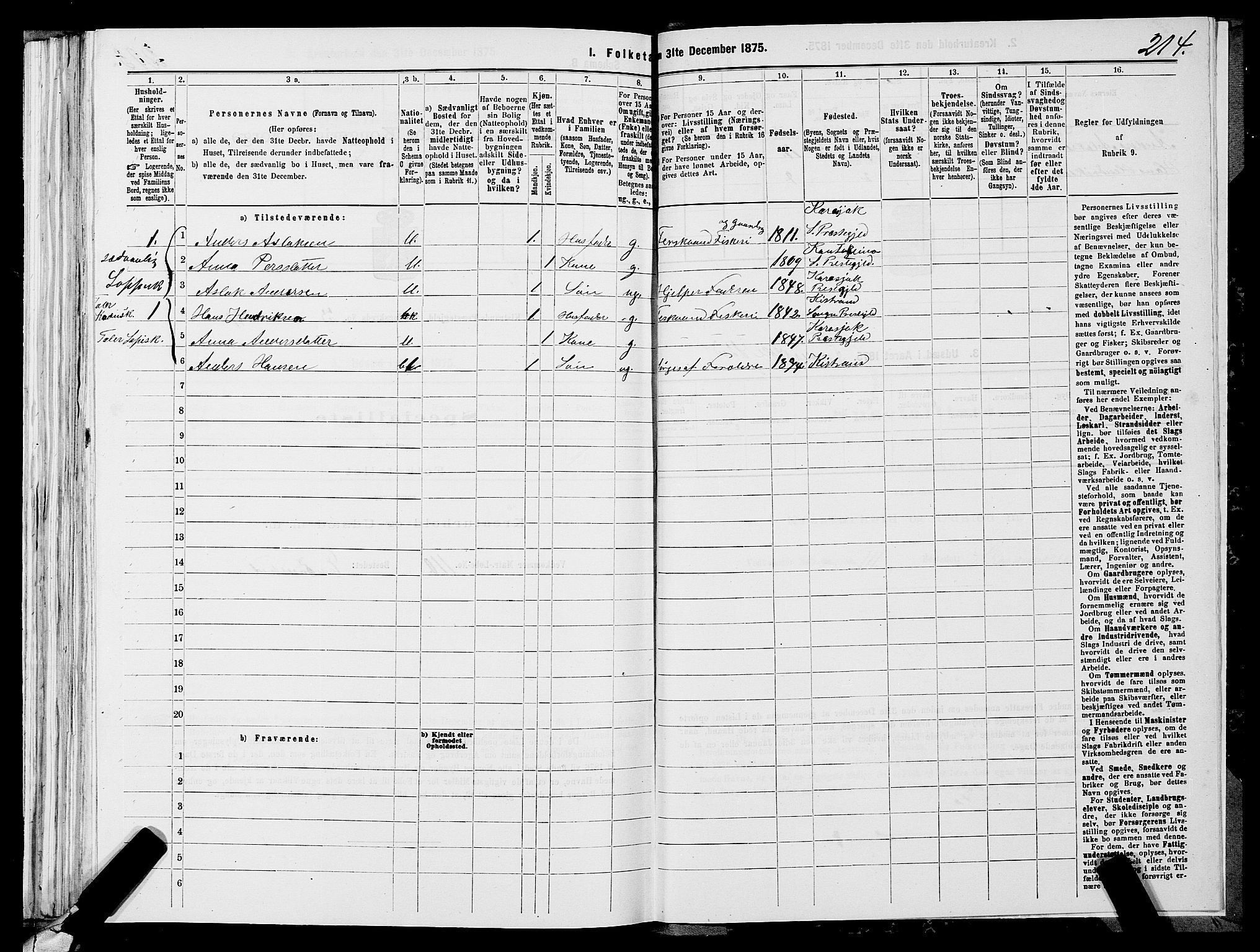 SATØ, Folketelling 1875 for 2020P Kistrand prestegjeld, 1875, s. 1214