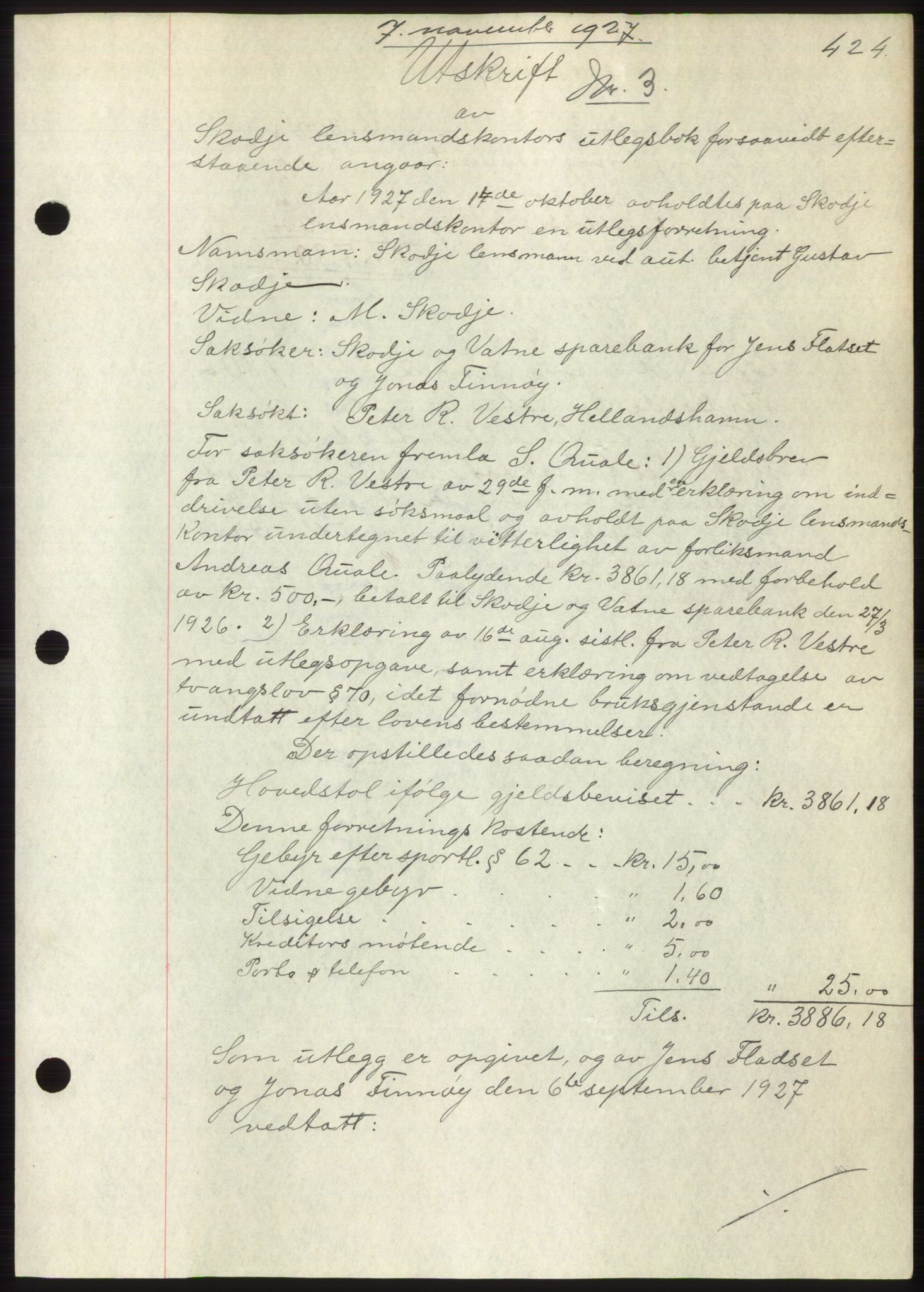 Nordre Sunnmøre sorenskriveri, AV/SAT-A-0006/1/2/2C/2Ca/L0037: Pantebok nr. 40, 1927-1927, Tingl.dato: 07.11.1927