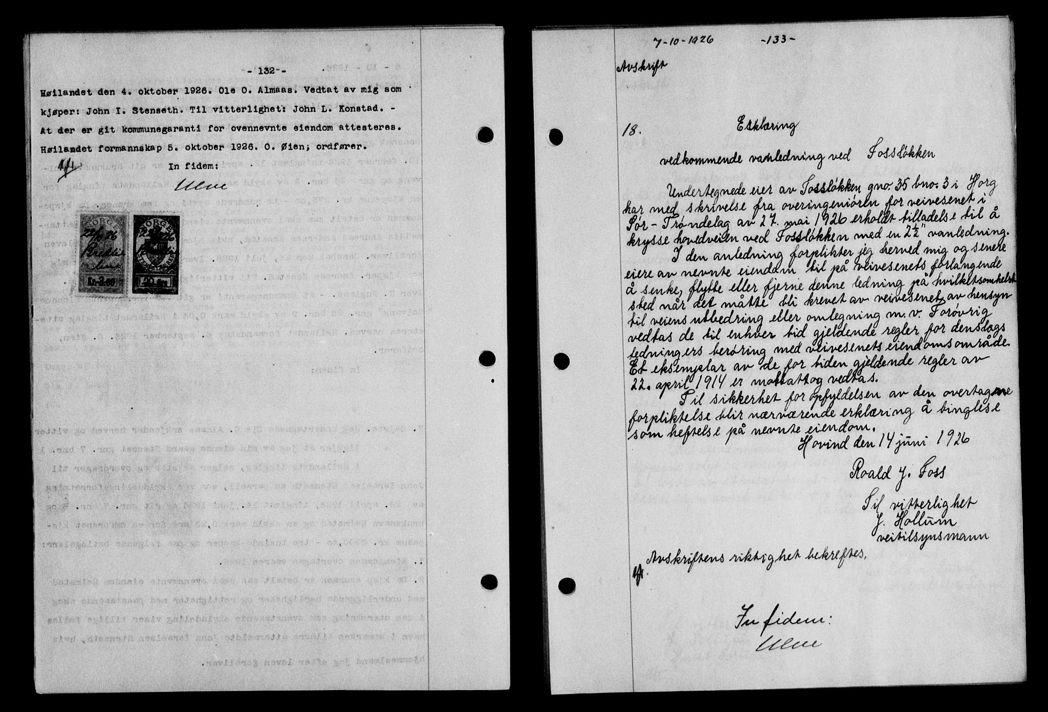 Gauldal sorenskriveri, SAT/A-0014/1/2/2C/L0035: Pantebok nr. 36, 1926-1927, s. 132-133, Tingl.dato: 07.10.1926