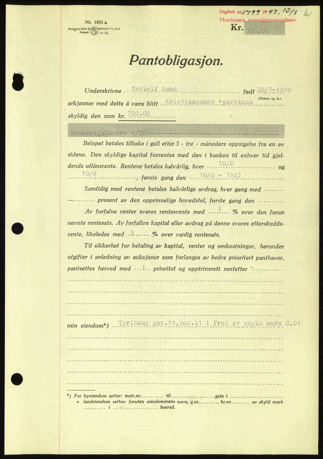 Nordmøre sorenskriveri, AV/SAT-A-4132/1/2/2Ca: Pantebok nr. B91, 1943-1944, Dagboknr: 1799/1943