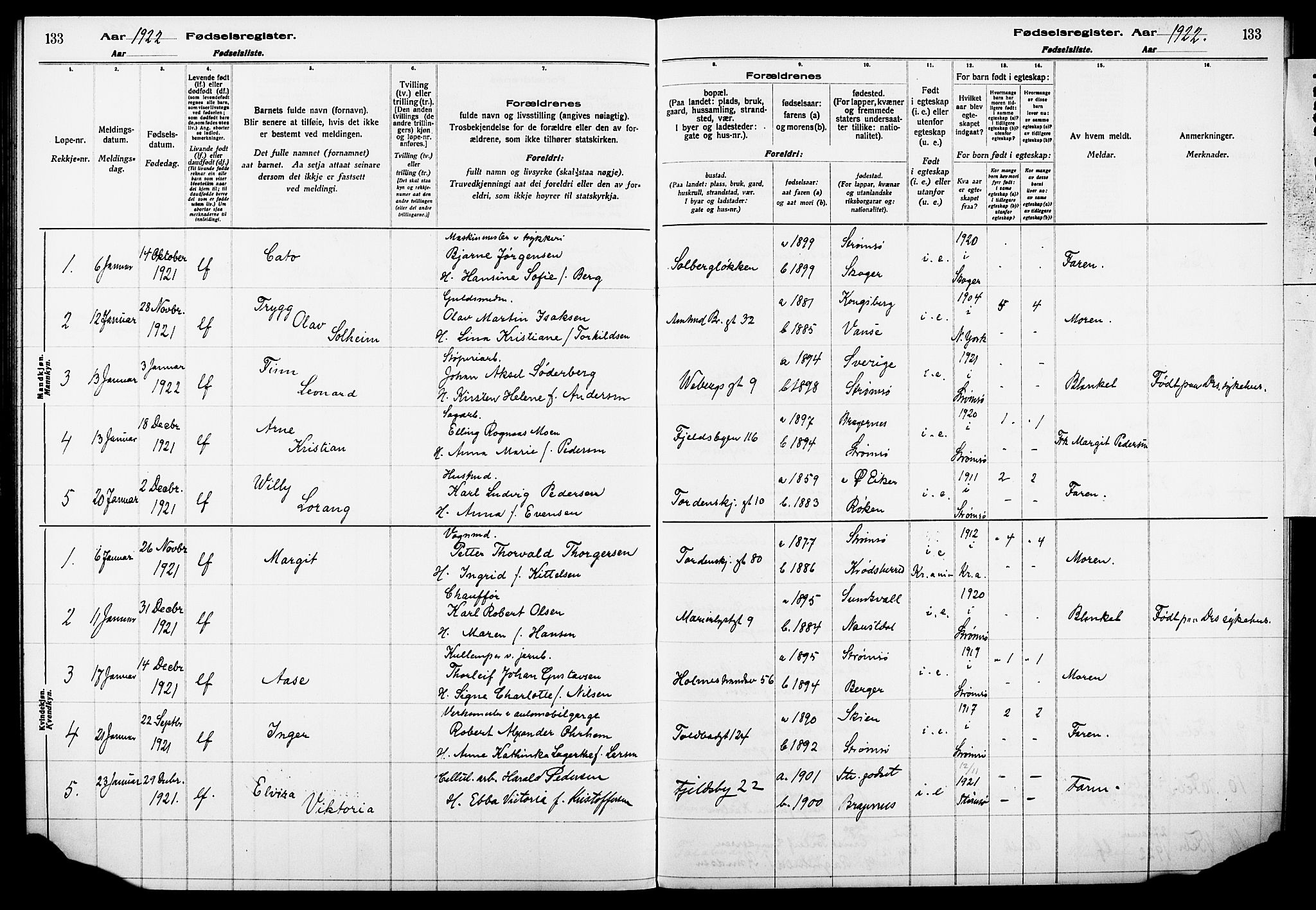 Strømsø kirkebøker, AV/SAKO-A-246/J/Ja/L0001: Fødselsregister nr. I 1, 1916-1925, s. 133