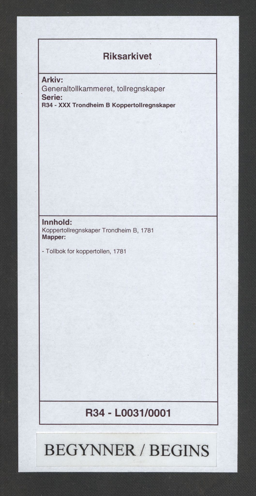Generaltollkammeret, tollregnskaper, RA/EA-5490/R34/L0031/0001: Koppertollregnskaper Trondheim B / Tollbok for koppertollen, 1781