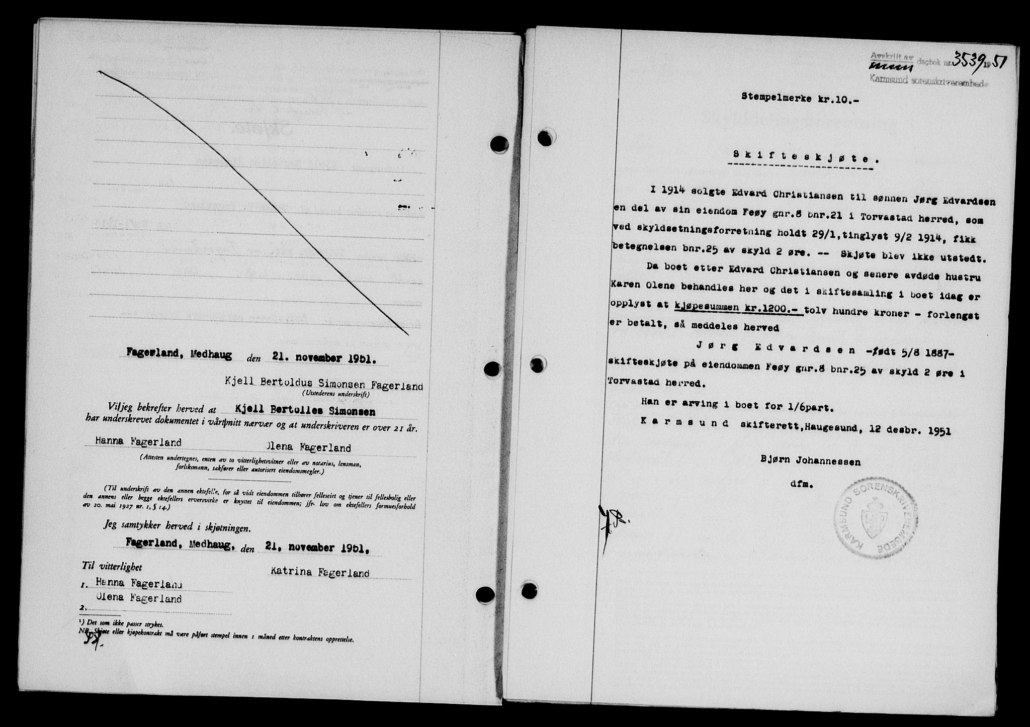 Karmsund sorenskriveri, SAST/A-100311/01/II/IIB/L0104: Pantebok nr. 84A, 1951-1952, Dagboknr: 3539/1951