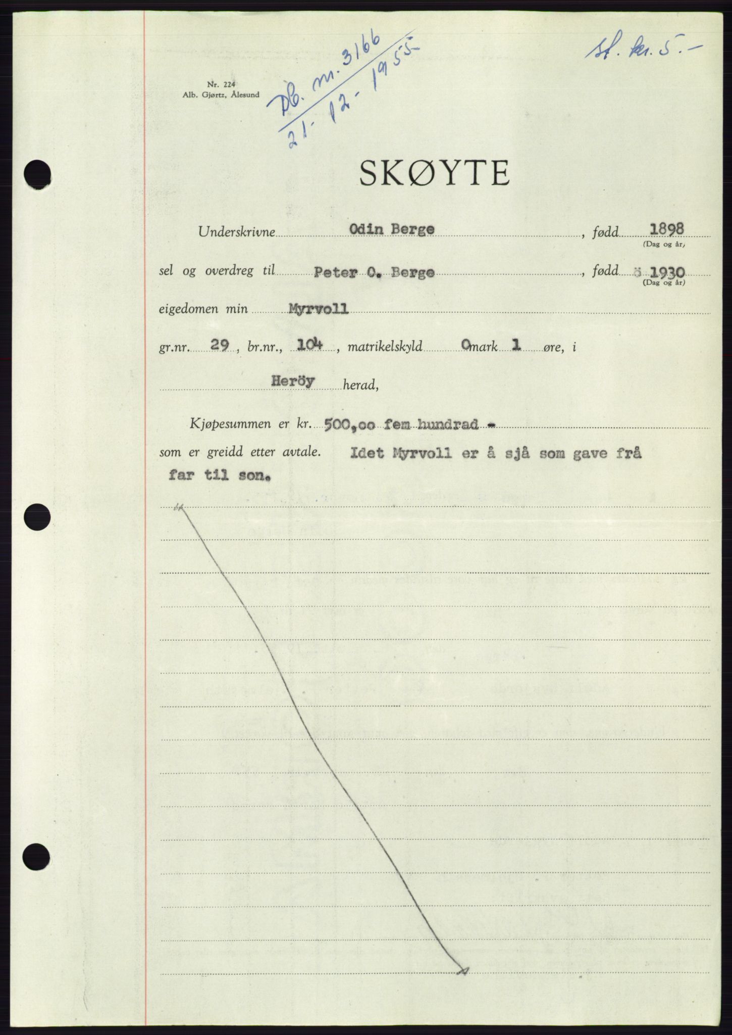 Søre Sunnmøre sorenskriveri, SAT/A-4122/1/2/2C/L0102: Pantebok nr. 28A, 1955-1956, Dagboknr: 3166/1955