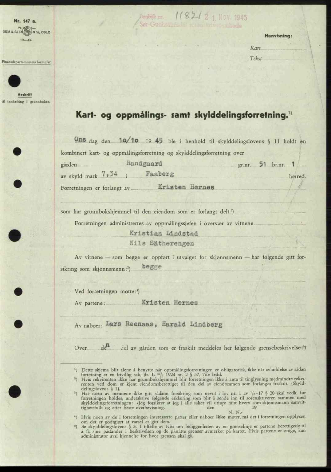 Sør-Gudbrandsdal tingrett, SAH/TING-004/H/Hb/Hbd/L0015: Pantebok nr. A15, 1945-1946, Dagboknr: 1182/1945