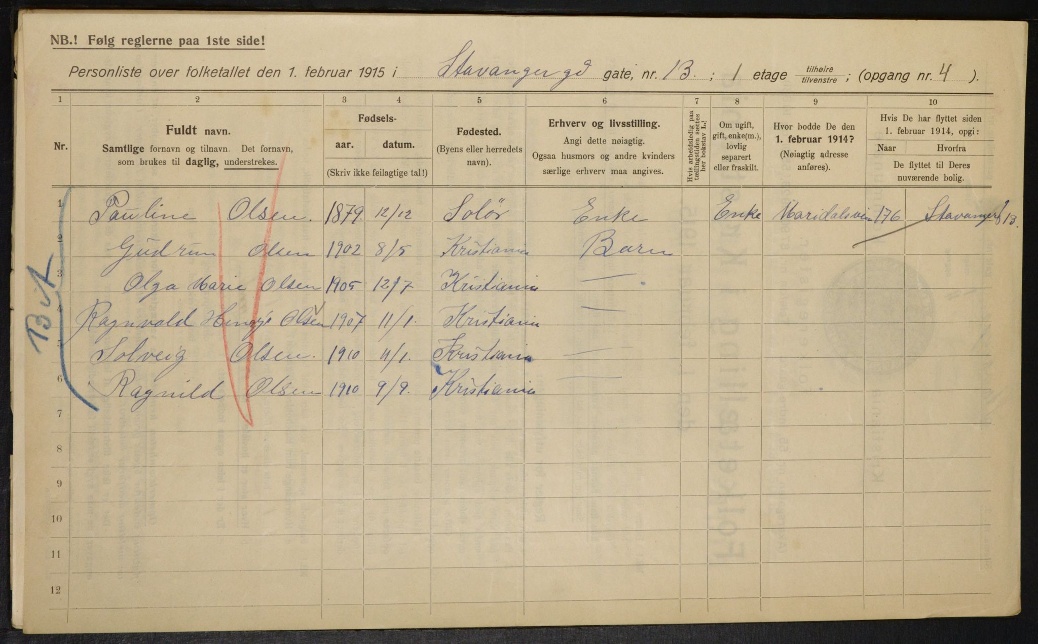 OBA, Kommunal folketelling 1.2.1915 for Kristiania, 1915, s. 100790