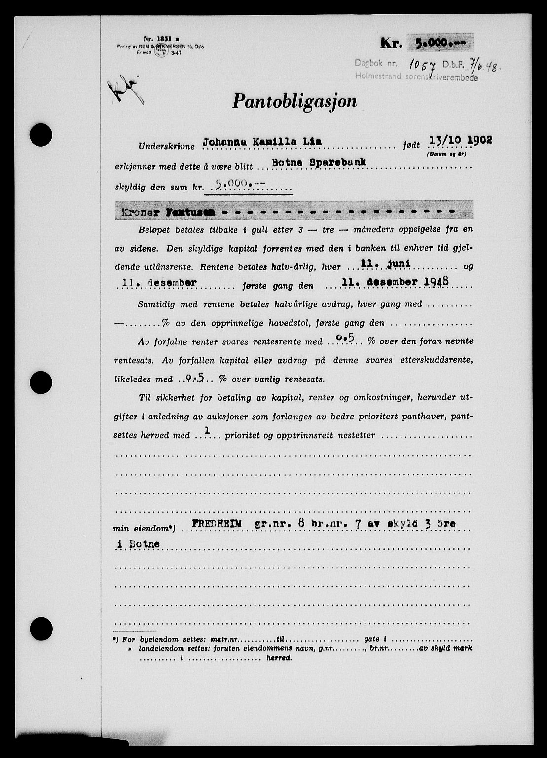 Holmestrand sorenskriveri, SAKO/A-67/G/Ga/Gab/L0058: Pantebok nr. B-58, 1947-1948, Dagboknr: 1057/1948