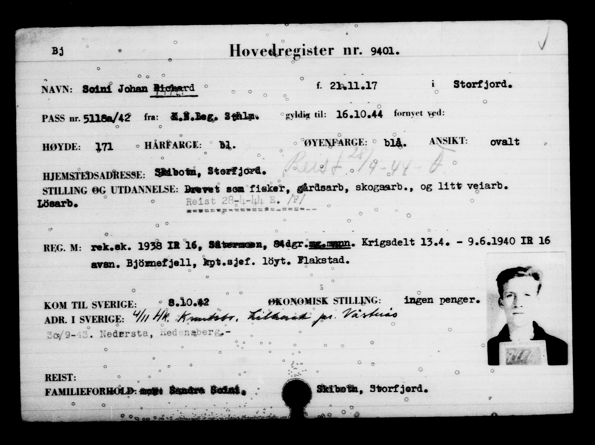 Utenriksstasjonene, Legasjonen i Stockholm, Flyktningkontoret, AV/RA-S-6753/V/Va/L0006: Kjesäterkartoteket, flyktninger med registreringsnr. 9400-12711, 1940-1945, s. 2