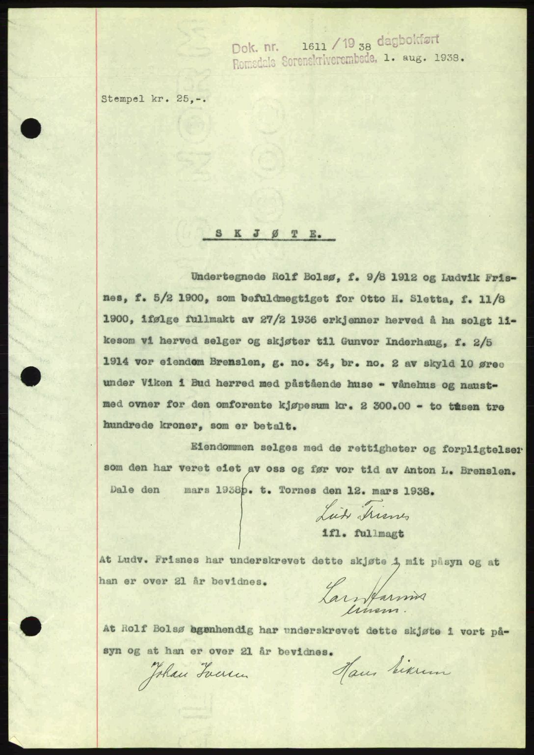 Romsdal sorenskriveri, SAT/A-4149/1/2/2C: Pantebok nr. A5, 1938-1938, Dagboknr: 1611/1938