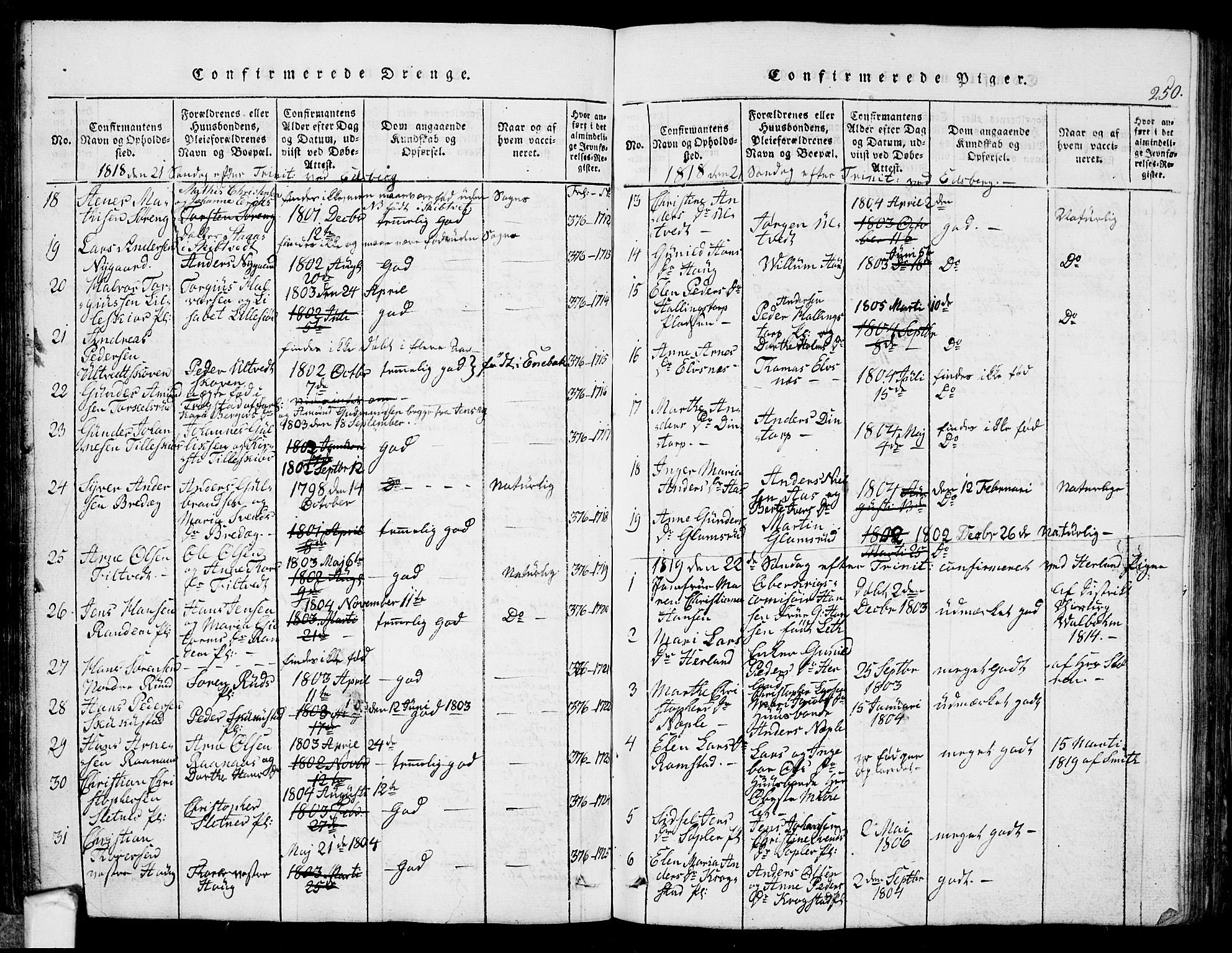 Eidsberg prestekontor Kirkebøker, SAO/A-10905/G/Ga/L0001: Klokkerbok nr. I 1, 1814-1831, s. 250