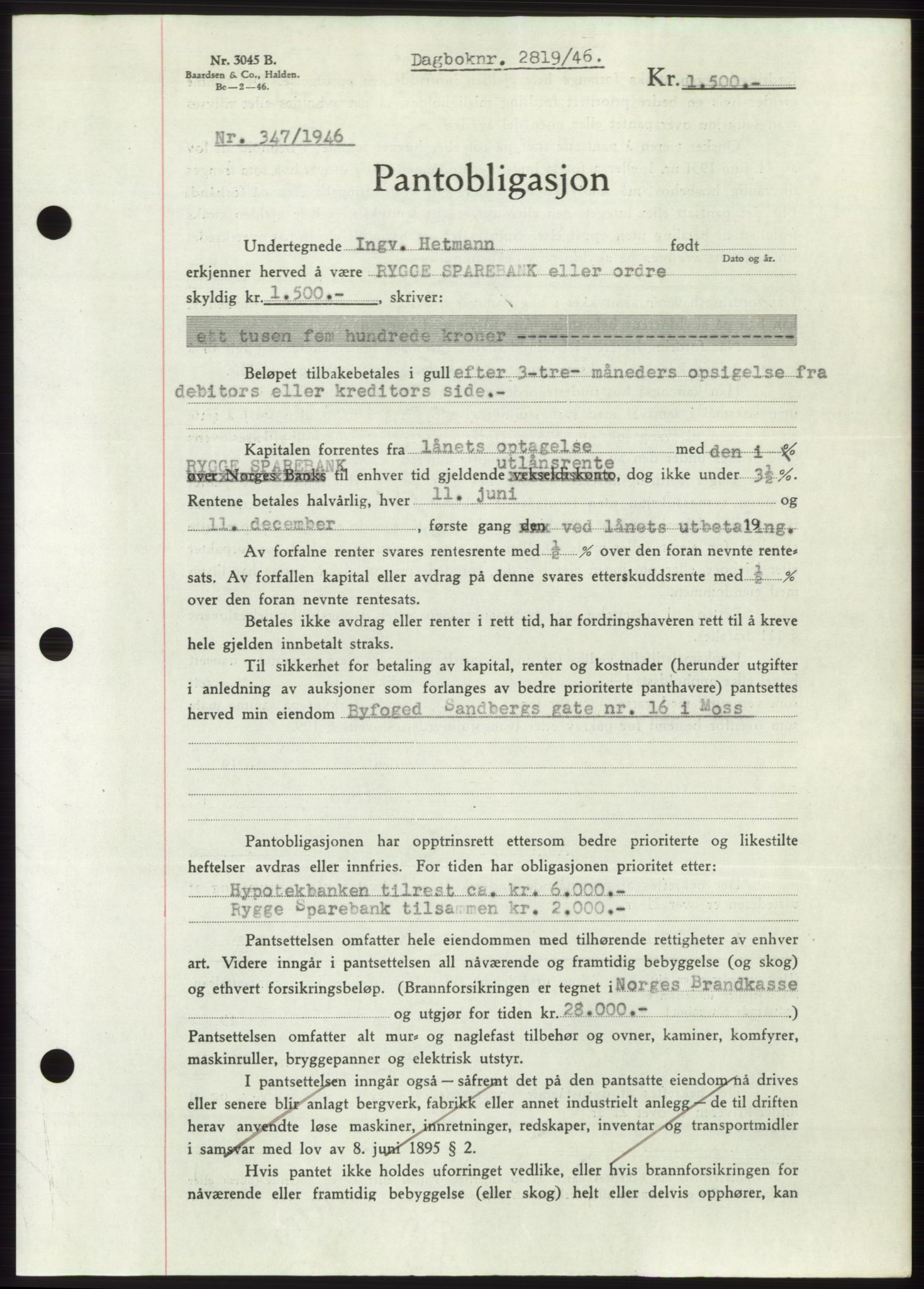 Moss sorenskriveri, SAO/A-10168: Pantebok nr. B16, 1946-1947, Dagboknr: 2819/1946