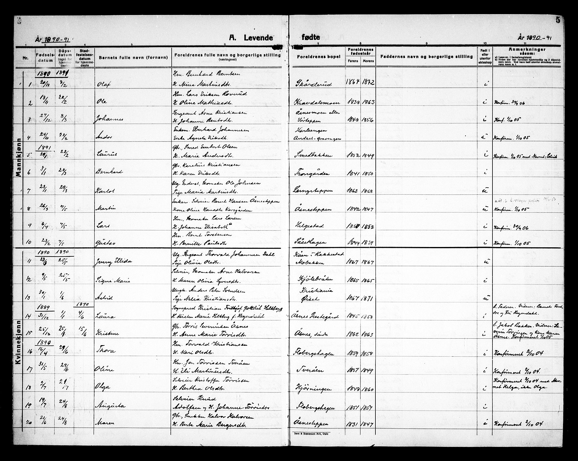 Åsnes prestekontor, AV/SAH-PREST-042/H/Ha/Haa/L0000C: Ministerialbok nr. 0A, 1890-1929, s. 5