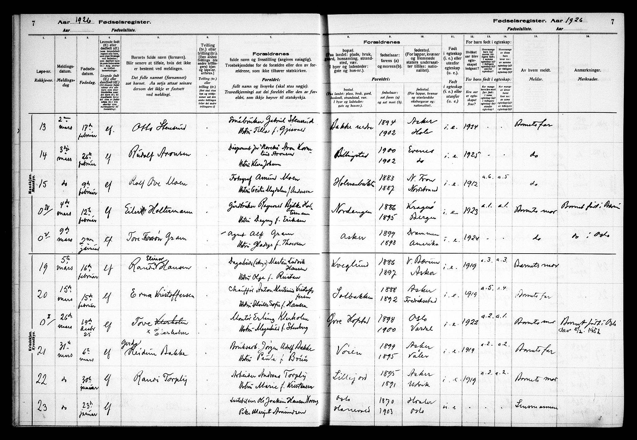 Asker prestekontor Kirkebøker, SAO/A-10256a/J/L0002: Fødselsregister nr. 2, 1925-1938, s. 7