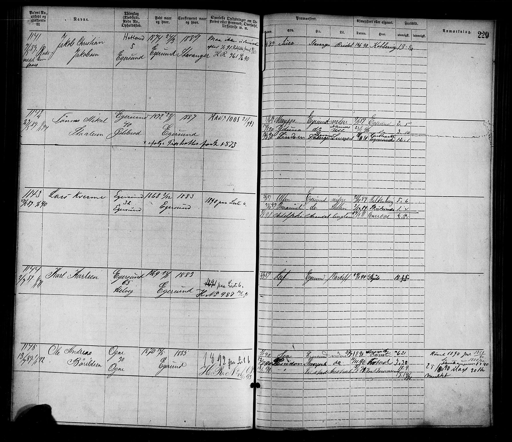 Egersund mønstringskrets, SAK/2031-0019/F/Fa/L0001: Annotasjonsrulle nr 1-1440 med register, O-1, 1869-1895, s. 253