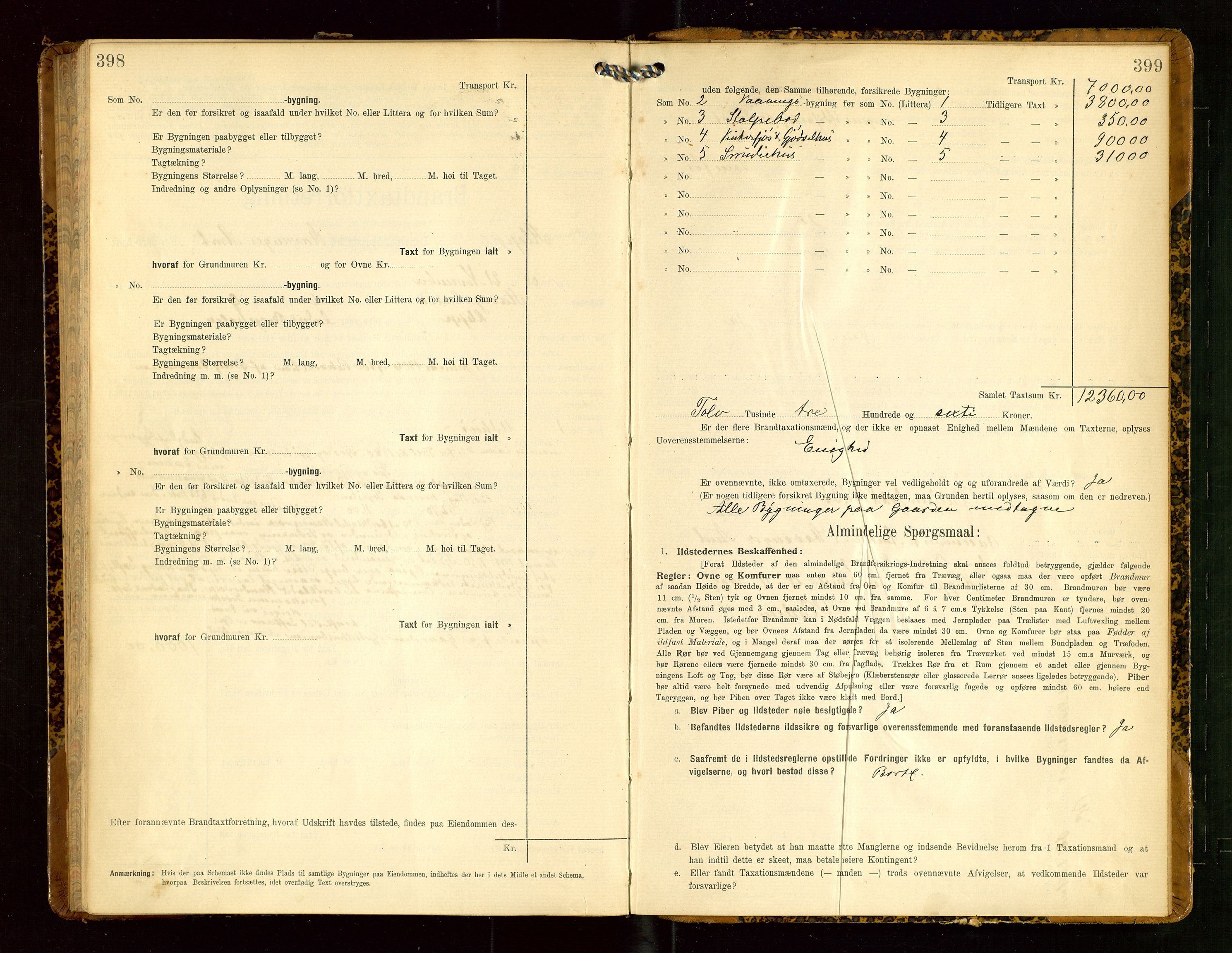 Klepp lensmannskontor, SAST/A-100163/Goc/L0005: "Brandtaxationsprotokol" m/register, 1908, s. 398-399