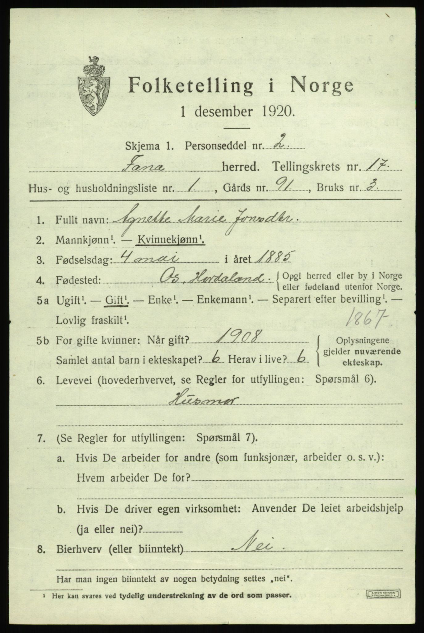 SAB, Folketelling 1920 for 1249 Fana herred, 1920, s. 22207