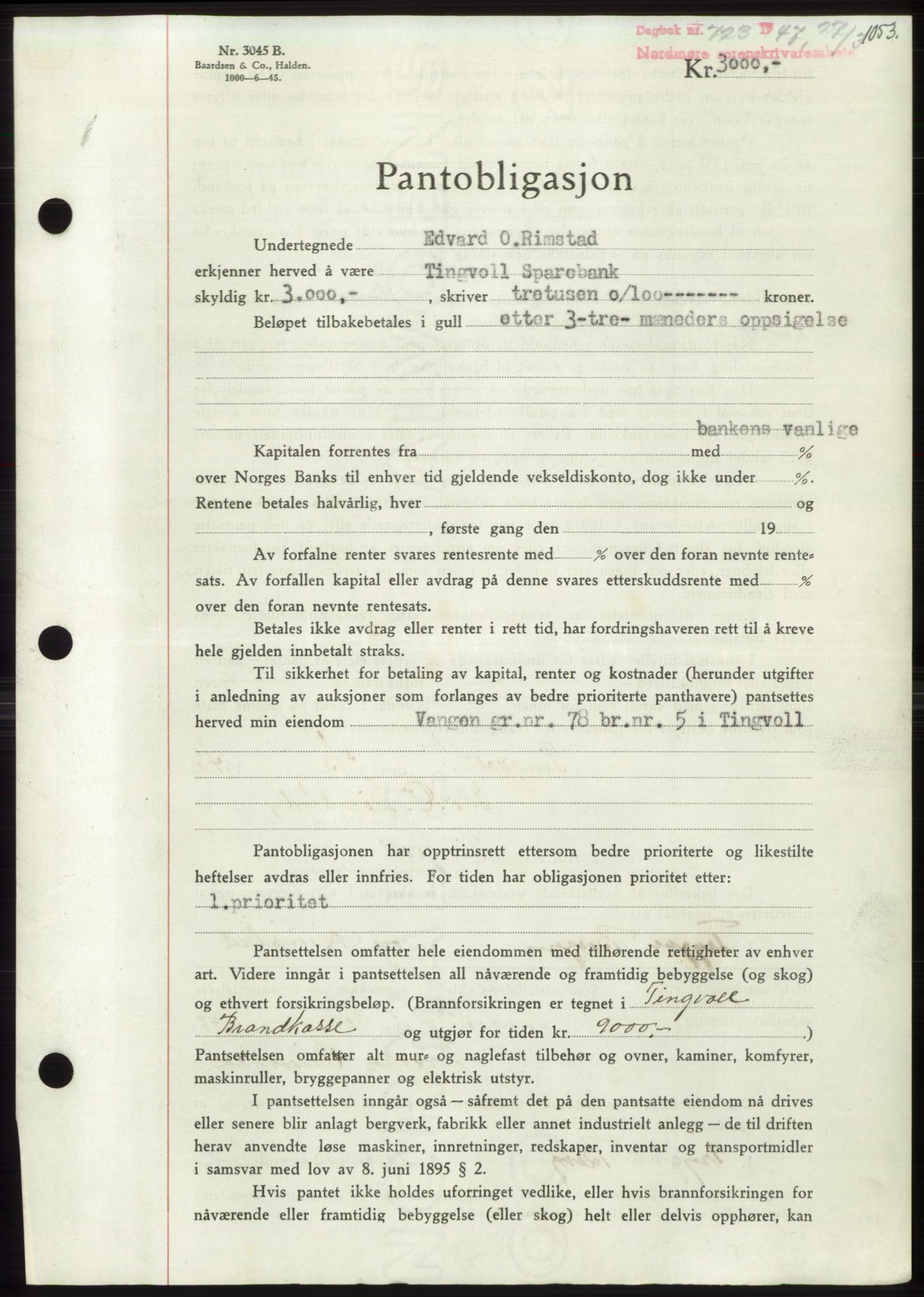 Nordmøre sorenskriveri, AV/SAT-A-4132/1/2/2Ca: Pantebok nr. B95, 1946-1947, Dagboknr: 723/1947