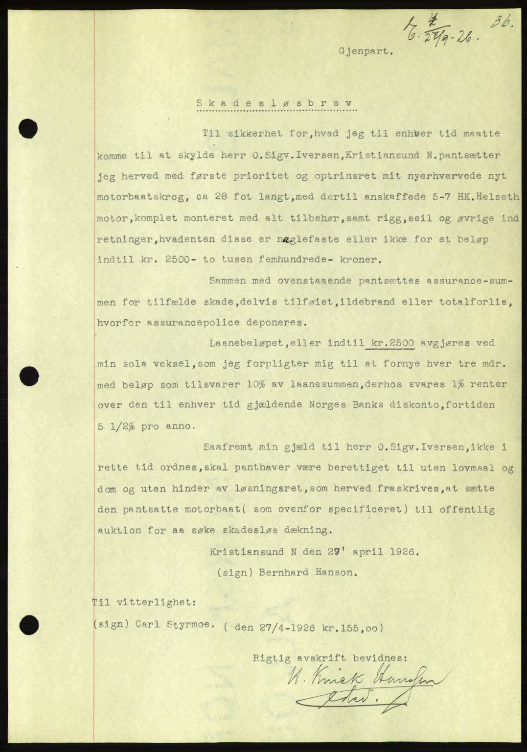 Kristiansund byfogd, AV/SAT-A-4587/A/27: Pantebok nr. 21, 1926-1928, Tingl.dato: 24.09.1926