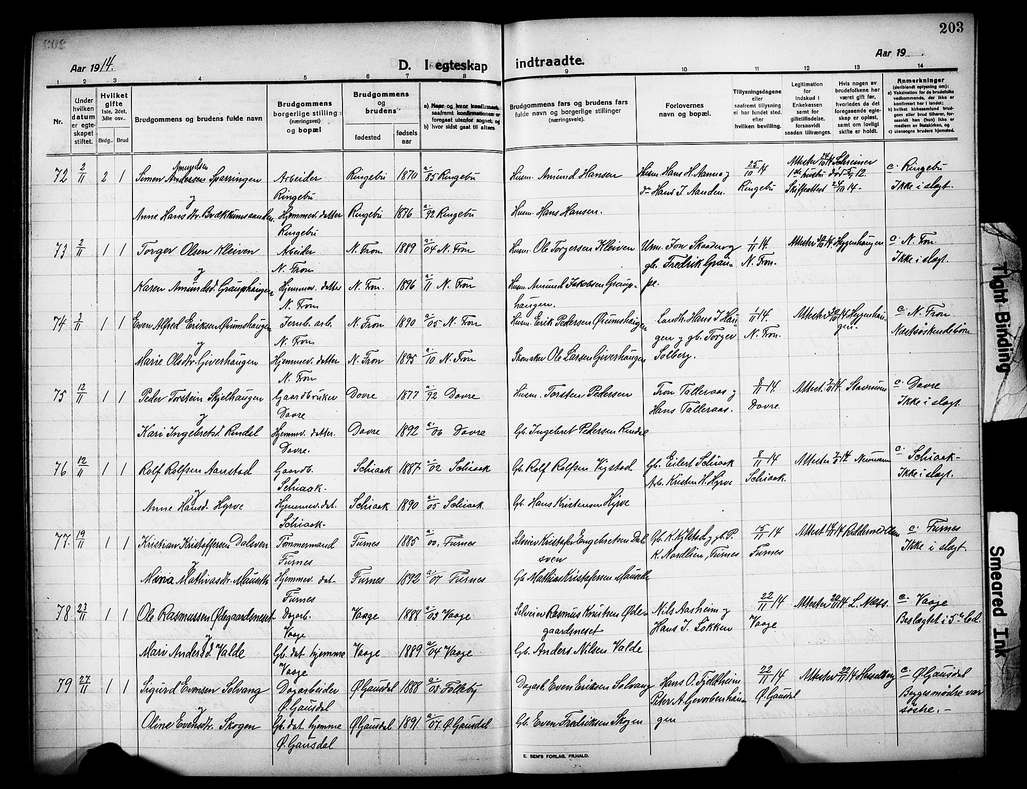 Lillehammer prestekontor, AV/SAH-PREST-088/H/Ha/Hab/L0002: Klokkerbok nr. 2, 1913-1929, s. 203