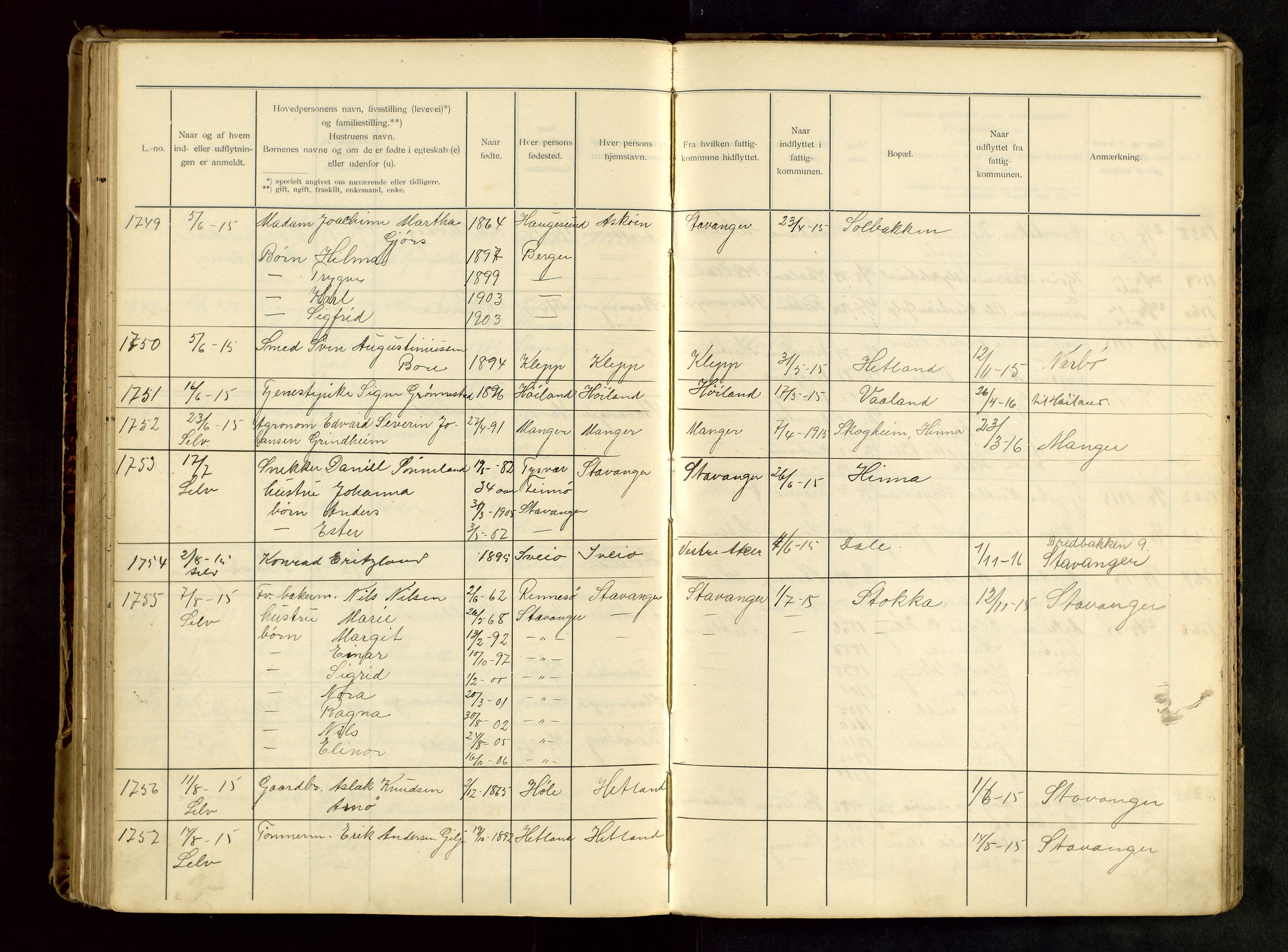 Hetland lensmannskontor, SAST/A-100101/Gwa/L0001: Flytteprotokoll (er delt i to: 1a og 1b), 1901-1918, s. 153