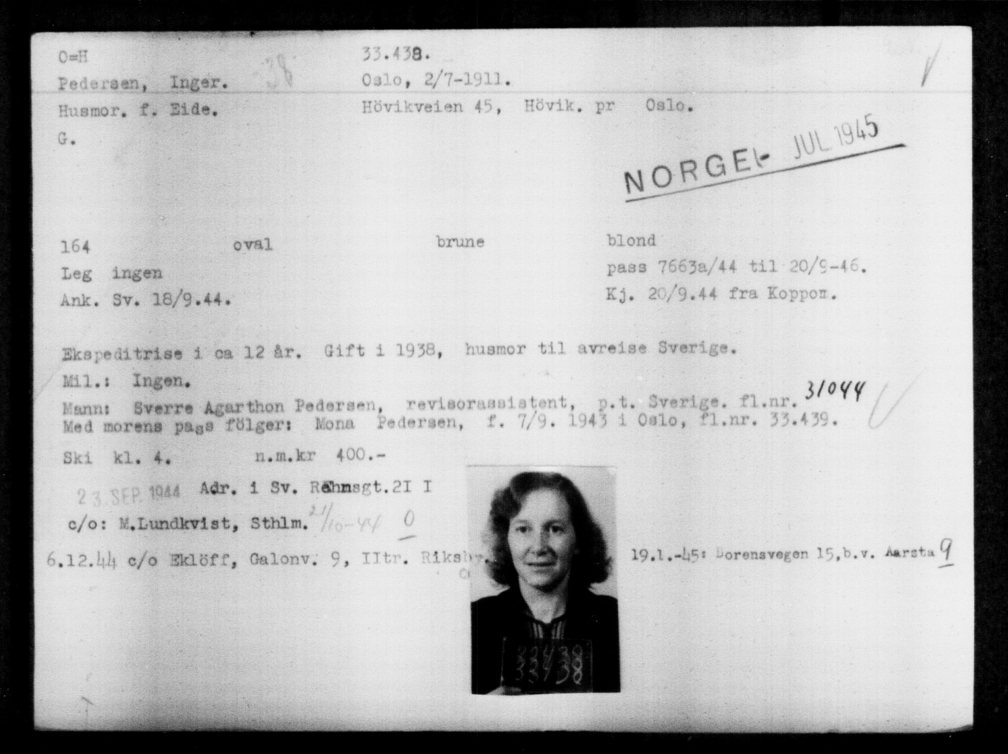 Utenriksstasjonene, Legasjonen i Stockholm, Flyktningkontoret, AV/RA-S-6753/V/Va/L0013: Kjesäterkartoteket, flyktninger med registreringsnr. 31500-34731, 1940-1945, s. 2042