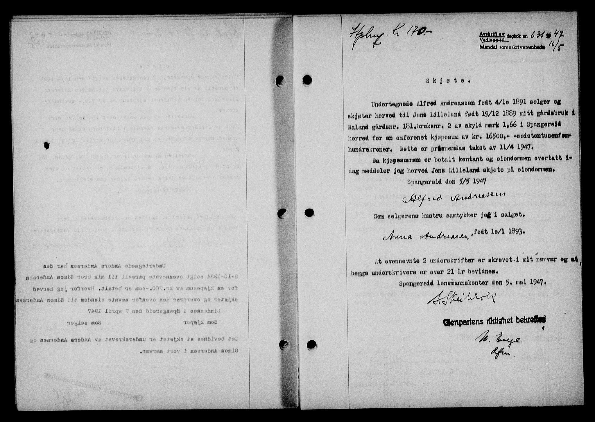 Mandal sorenskriveri, SAK/1221-0005/001/G/Gb/Gba/L0078: Pantebok nr. A-15, 1947-1947, Dagboknr: 631/1947