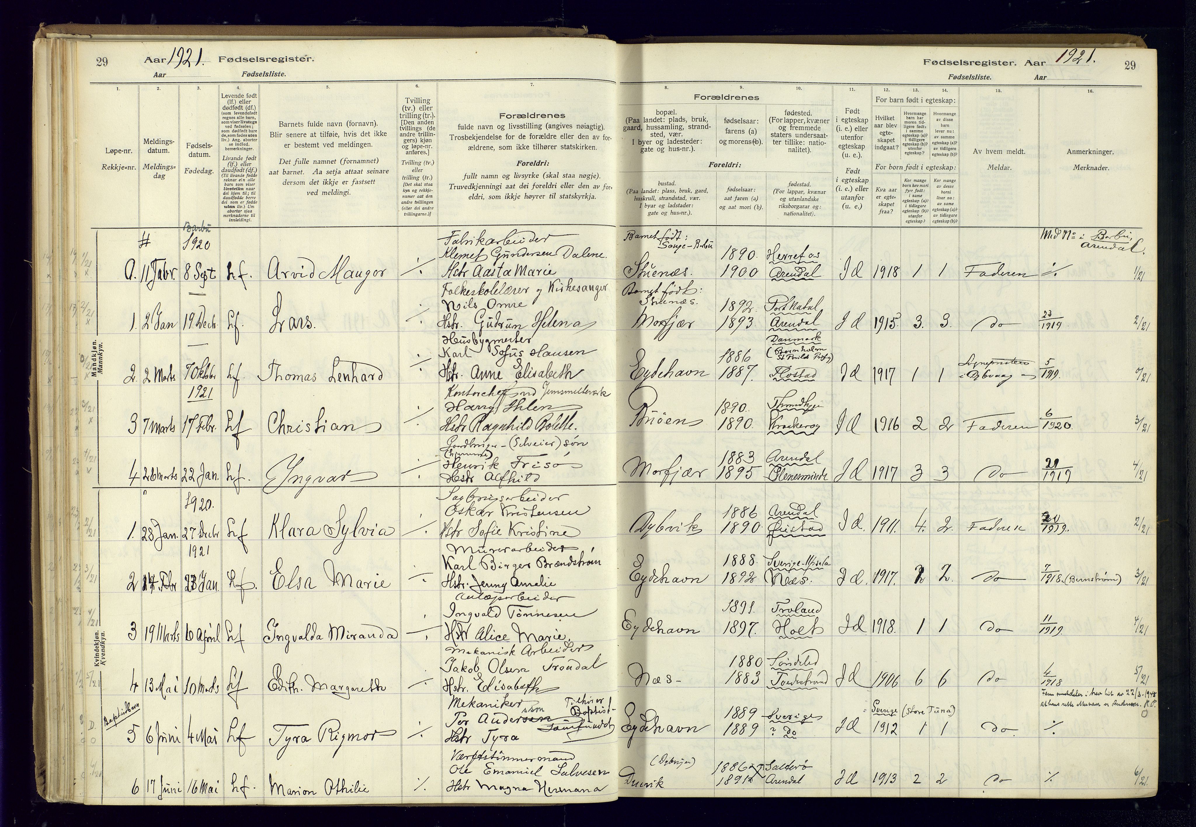 Austre Moland sokneprestkontor, AV/SAK-1111-0001/J/Ja/L0003: Fødselsregister nr. A-VI-27, 1916-1950, s. 29