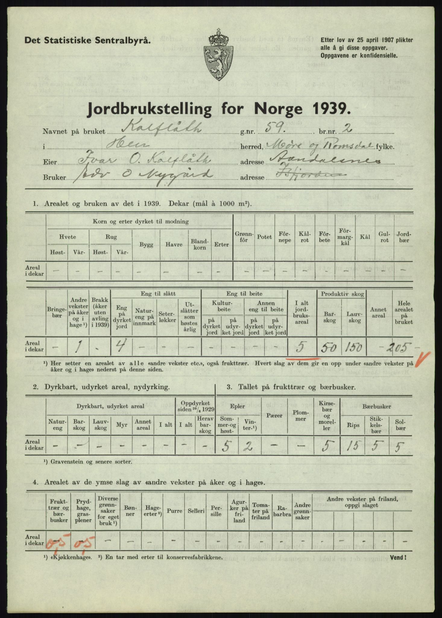 Statistisk sentralbyrå, Næringsøkonomiske emner, Jordbruk, skogbruk, jakt, fiske og fangst, AV/RA-S-2234/G/Gb/L0251: Møre og Romsdal: Voll, Eid, Grytten og Hen, 1939, s. 1059
