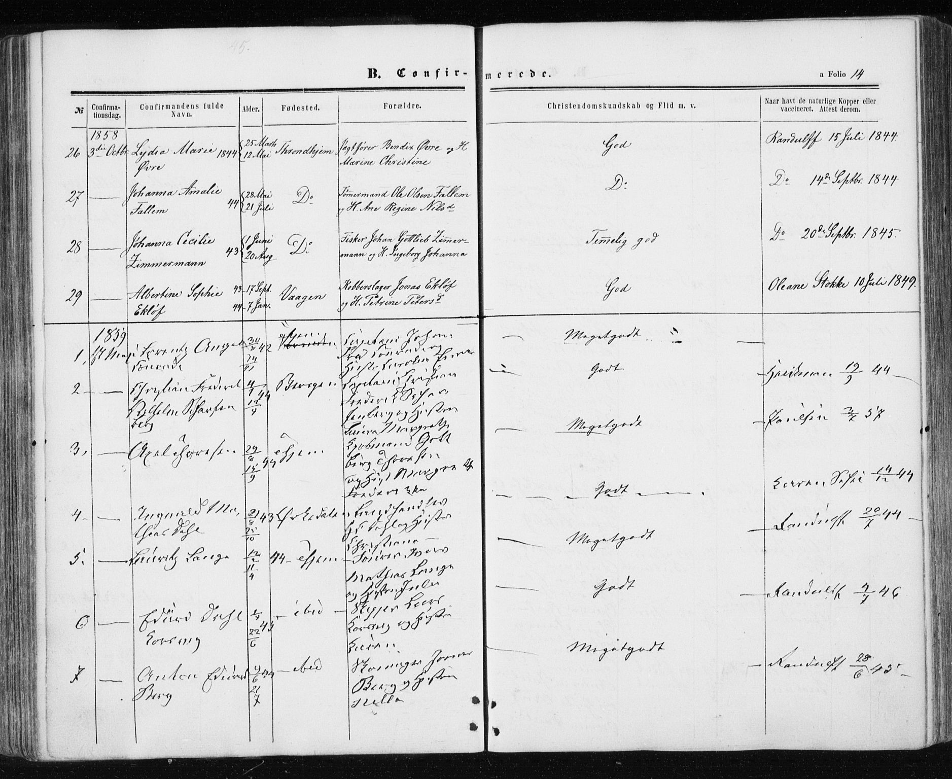 Ministerialprotokoller, klokkerbøker og fødselsregistre - Sør-Trøndelag, SAT/A-1456/601/L0053: Ministerialbok nr. 601A21, 1857-1865, s. 14