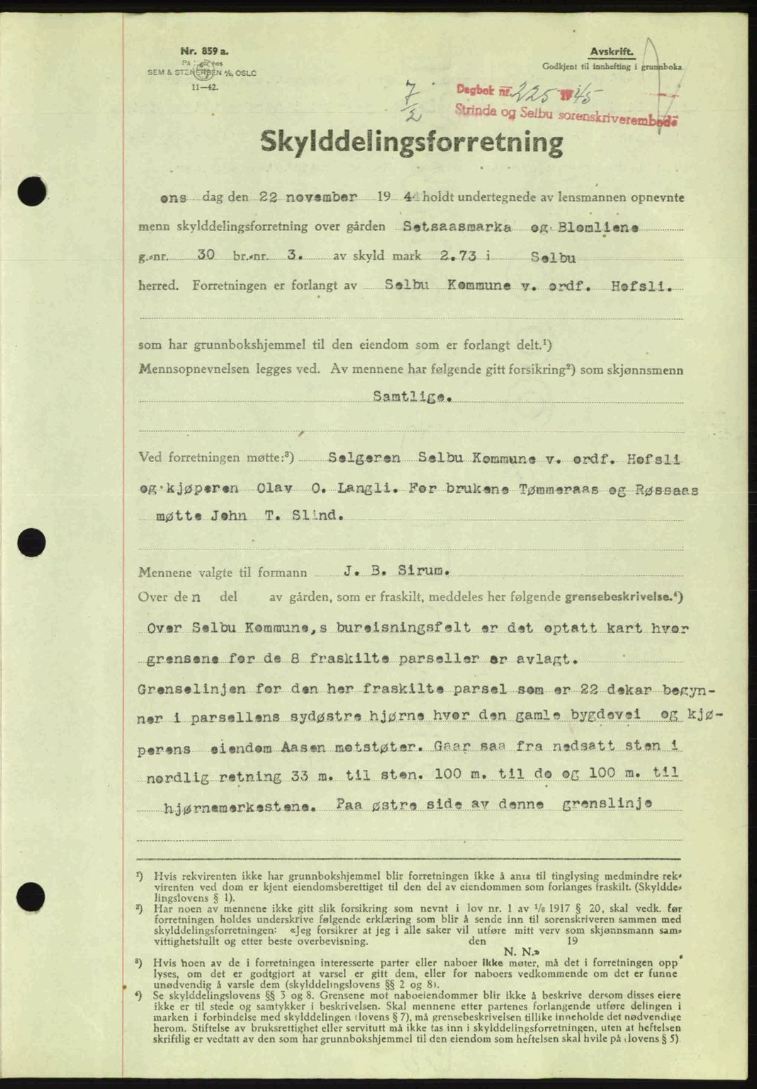 Strinda og Selbu sorenskriveri, SAT/A-0015/2/2C: Pantebok nr. A9, 1944-1945, Dagboknr: 225/1945